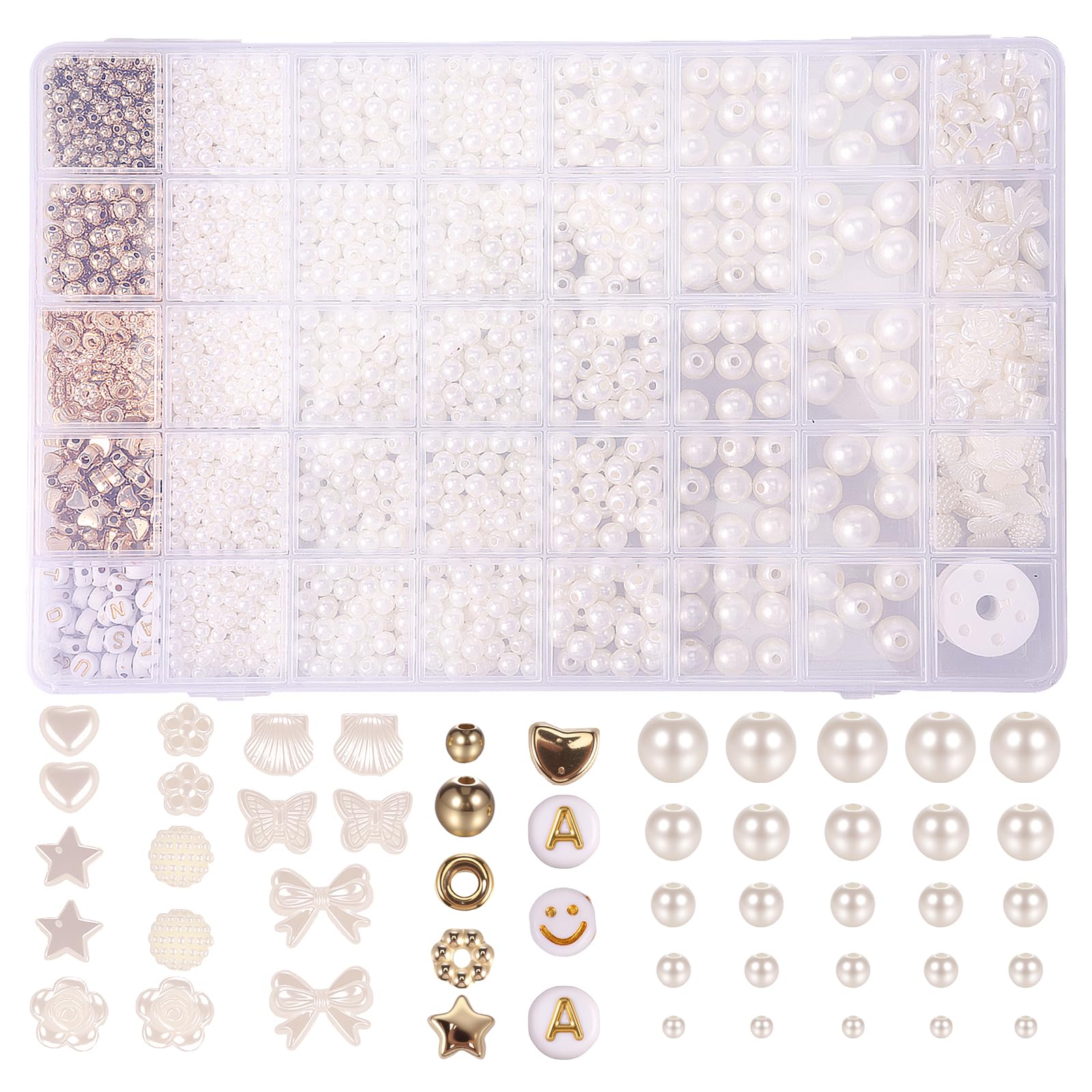 1800pcs White and Gold Beads Bracelet Making Kit, Round Pearl Bracelet Beads Set Charm Elegant Assorted Size Shape Bead for Jewelry Making DIY Art Craft Gift for Women Girls(White+Gold)