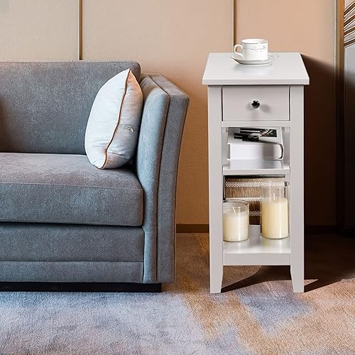Miniatura 7 de POWERSTONE Juego de 2 mesas auxiliares con cajón de almacenamiento y estante de 2 niveles, estantería de mesa auxiliar de 23.6 pulgadas para