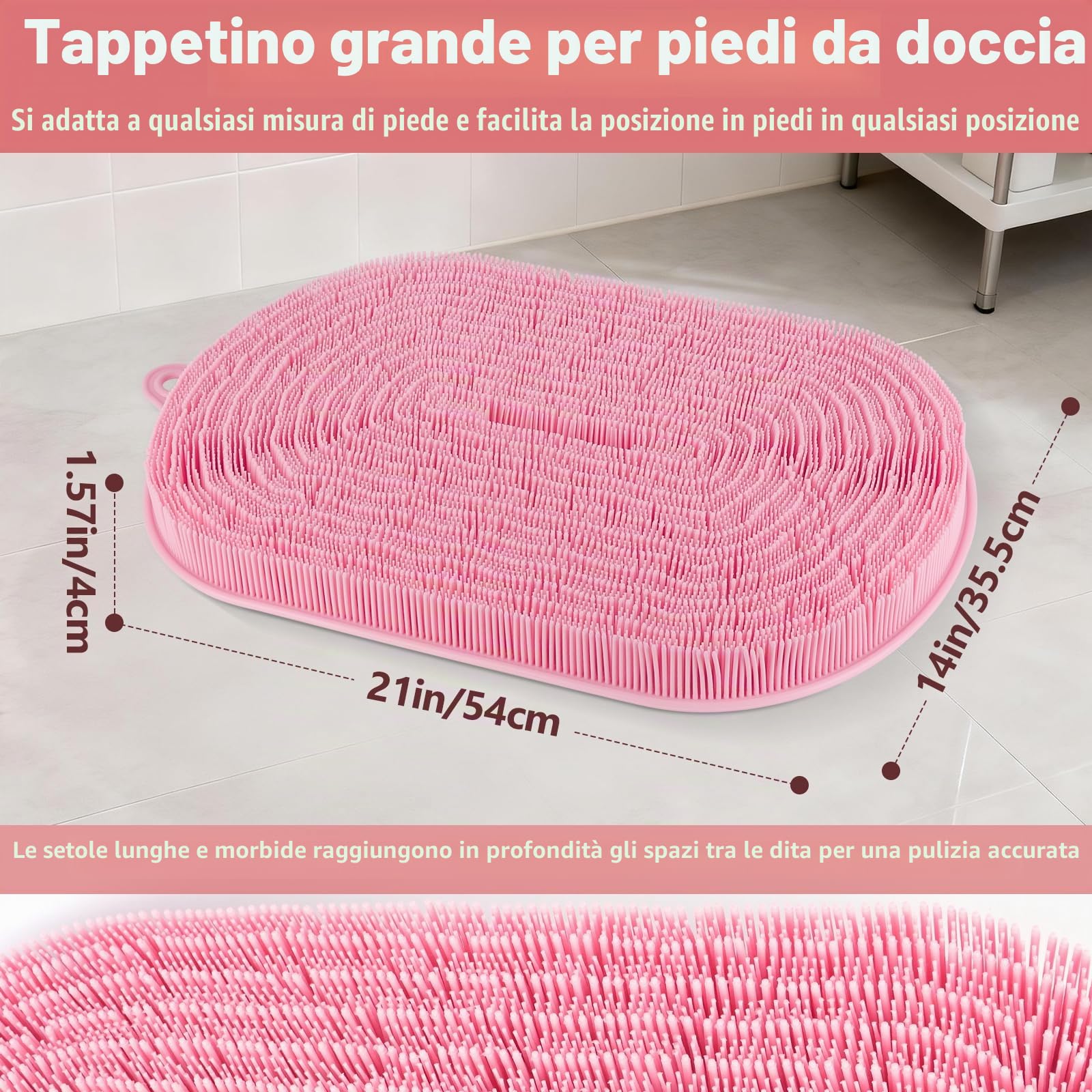 54 x 35,5 cm Silicone Tappetino Doccia Antiscivolo, Rosa | Tappetino Bagno Grande, Scrub Piedi, Rimuove Pelle Morta, Testina Setole Morbide, senza Piegarsi, Spazzola Schiena Doccia