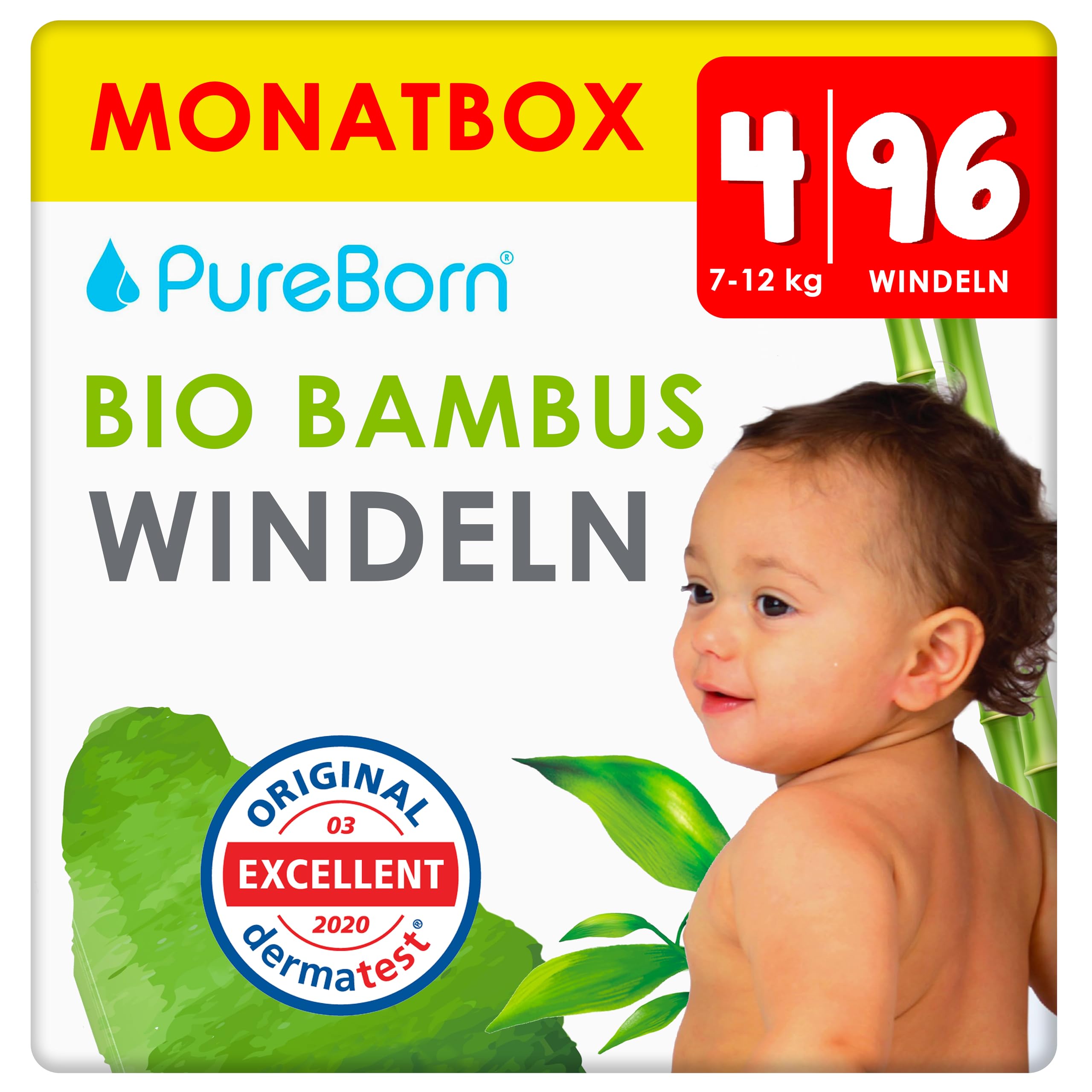 PureBorn 96 Windeln Größe 4 (7-12 kg), Ultra-Saugfähig, Hypoallergen, Weich & Sanft für Babys (7-12 Monate), Dermatologisch Getestet, Auslaufsicher, Umweltfreundlich aus Bambus