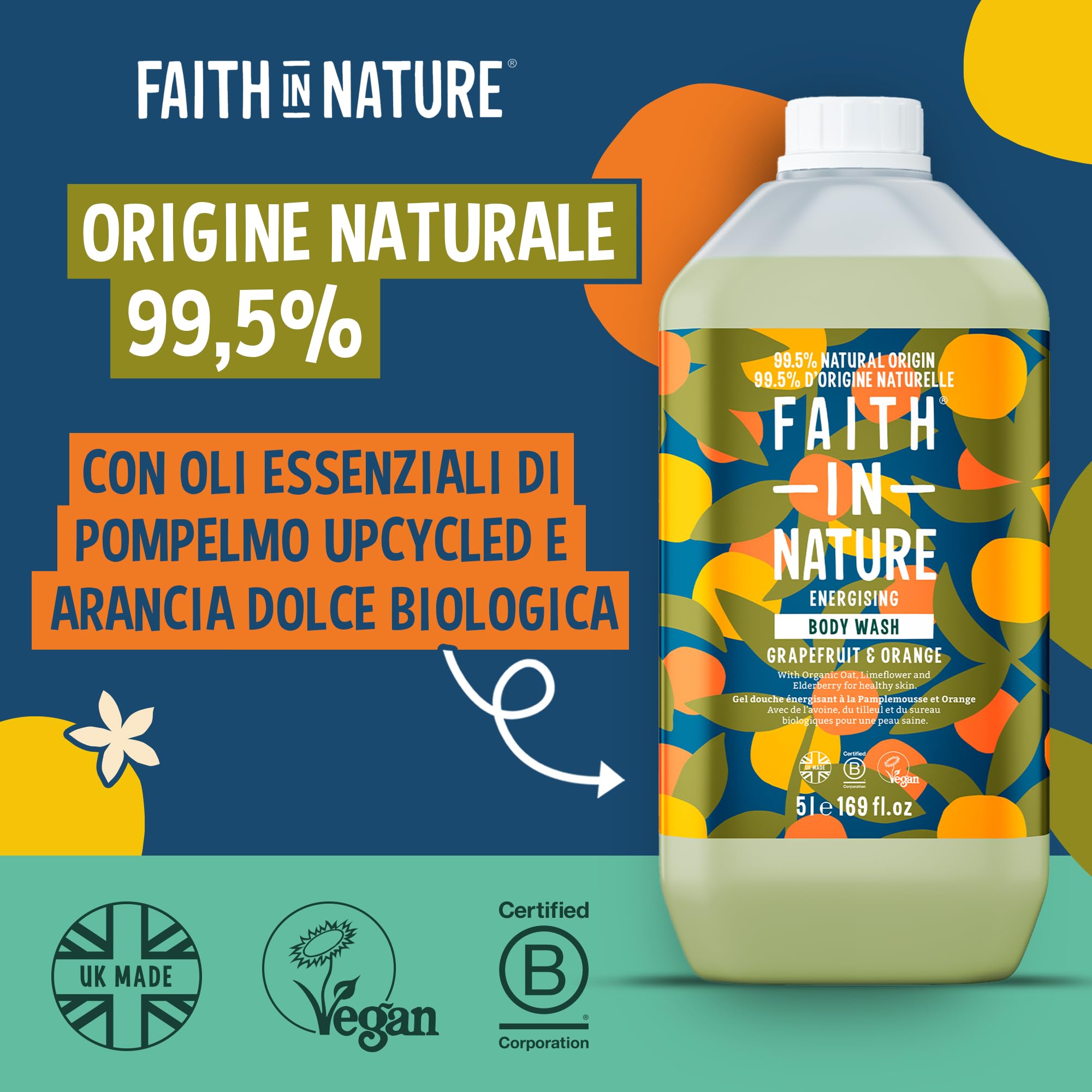 Faith In Nature Gel Doccia Naturale al Pompelmo e Arancia, Energizzante, Vegano e Cruelty Free, Senza SLS e Parabeni, Ricarica da 5 L