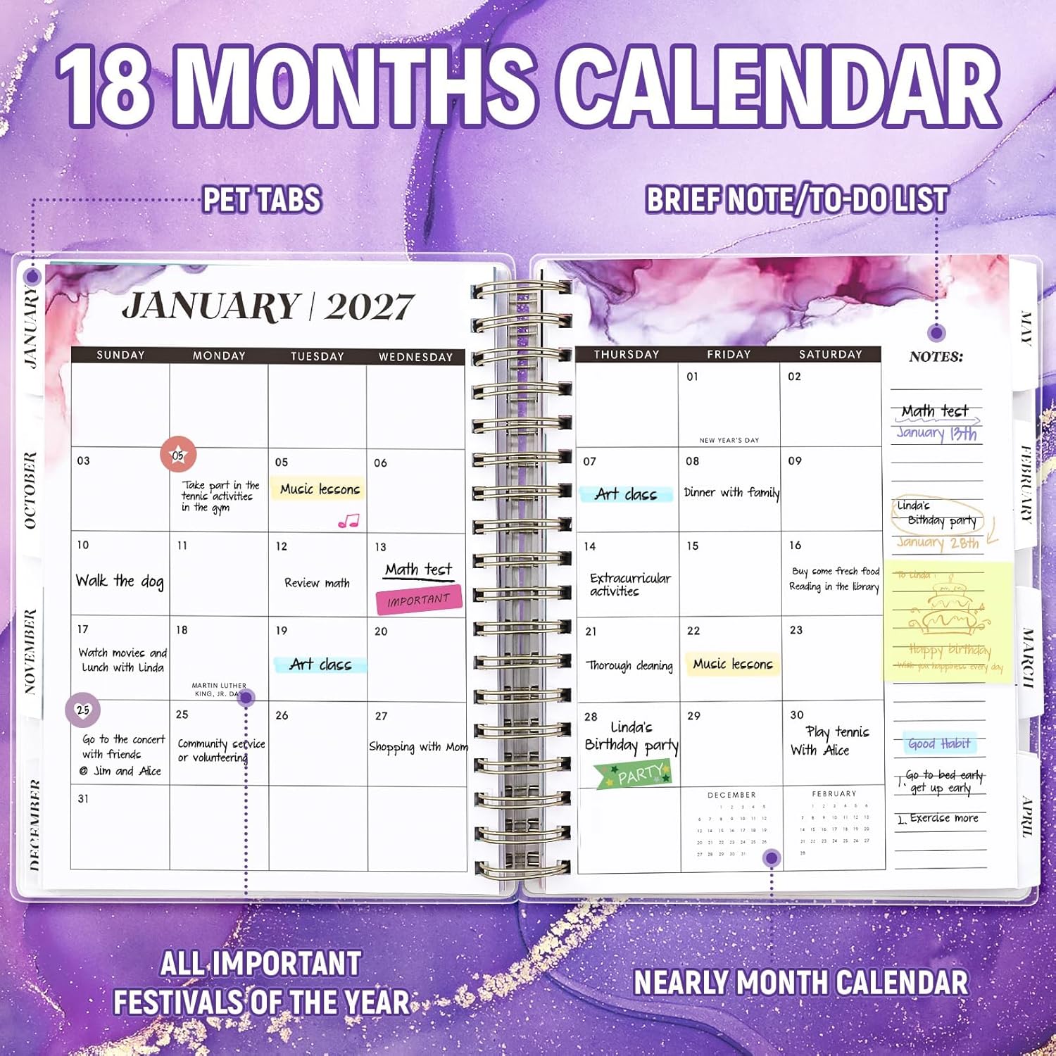 Planner 2026-2027, Large 18 Months Academic Daily Weekly Monthly Planner Yearly Agenda Jan. 2026–June. 2027, 7.9" x 9.8", Page Tabs, Separator Page, Pocket Folder, Bookmark, Stickers, Sticky Note Set