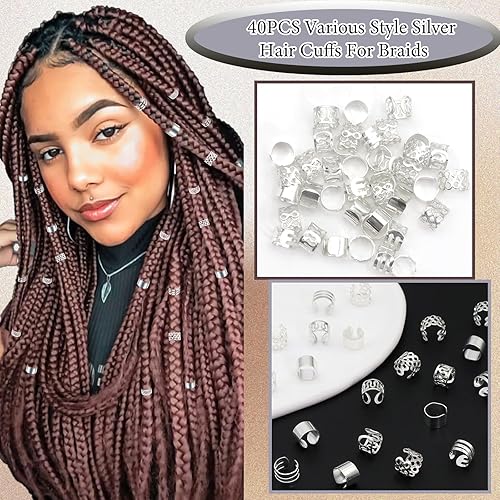 Miniatura 4 de VENOFEN 40 piezas de pulseras plateadas para el cabello, joyería de rastas, para trenzas, aleación de metal, joyería para el cabello, pinzas para