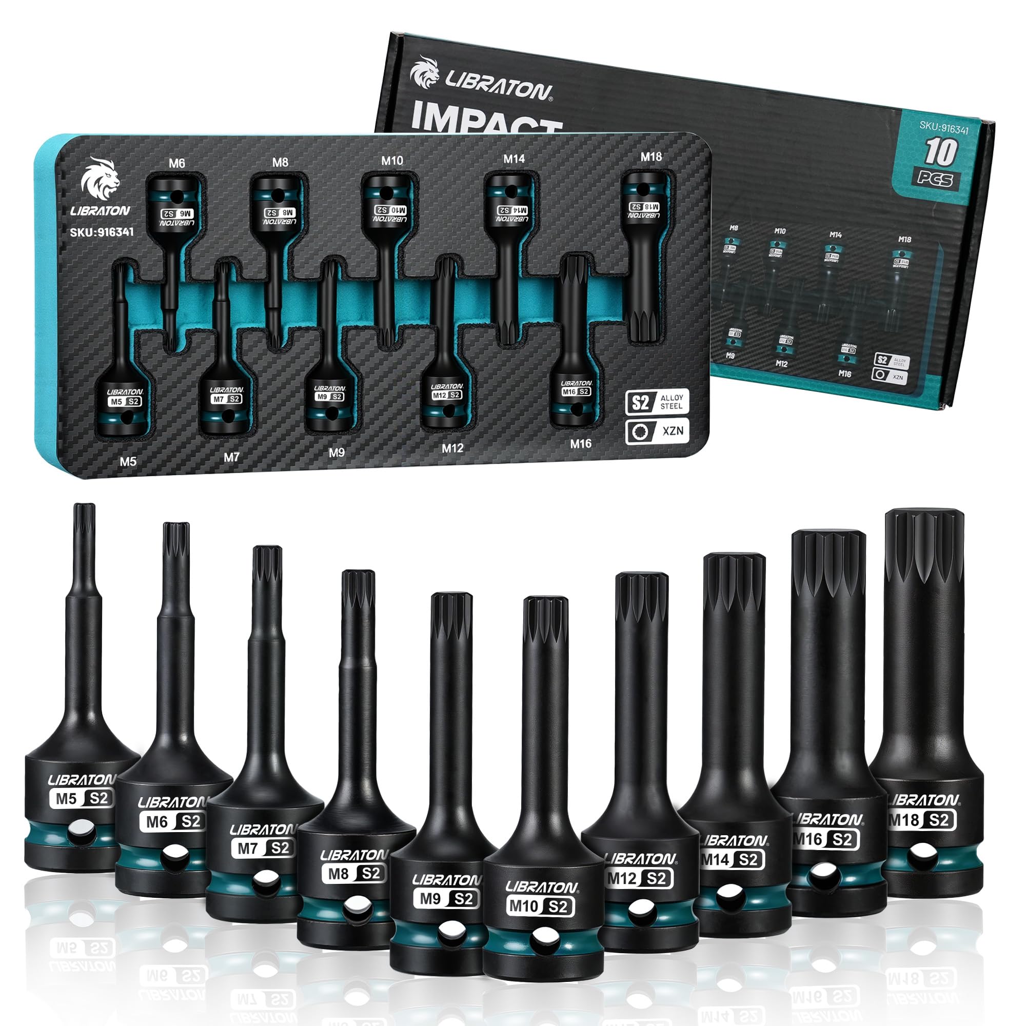 LIBRATON 10PCS Impact XZN Triple Square Spline Bit Socket Set, 1/2" Dr, S2 Steel, 12 Point High Torque Sockets (Metric M5-M18) for Professional Mechanics & Automotive Repair (XPE Storage Case)