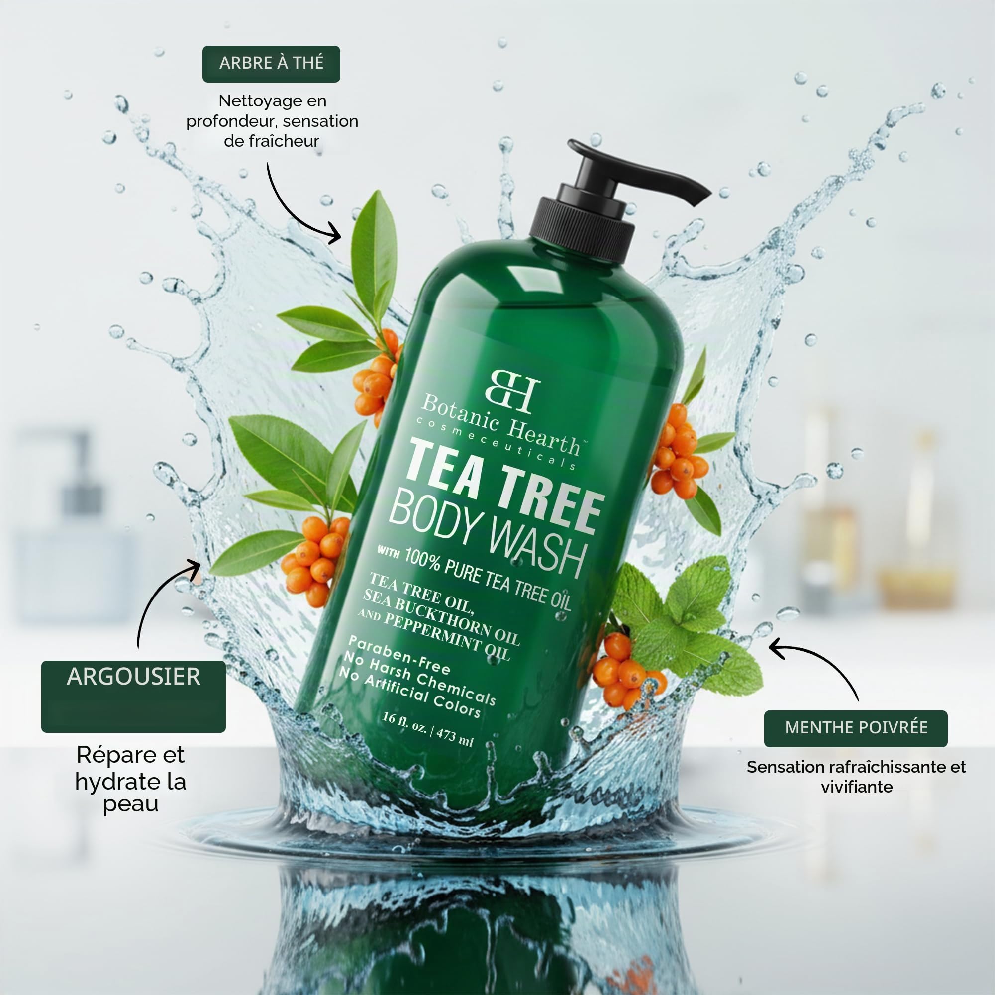 Botanic Hearth Gel douche à l'arbre à thé 473 ml Antifongique Anti-odeurs Naturel Sans Sulfates Ni Parabènes