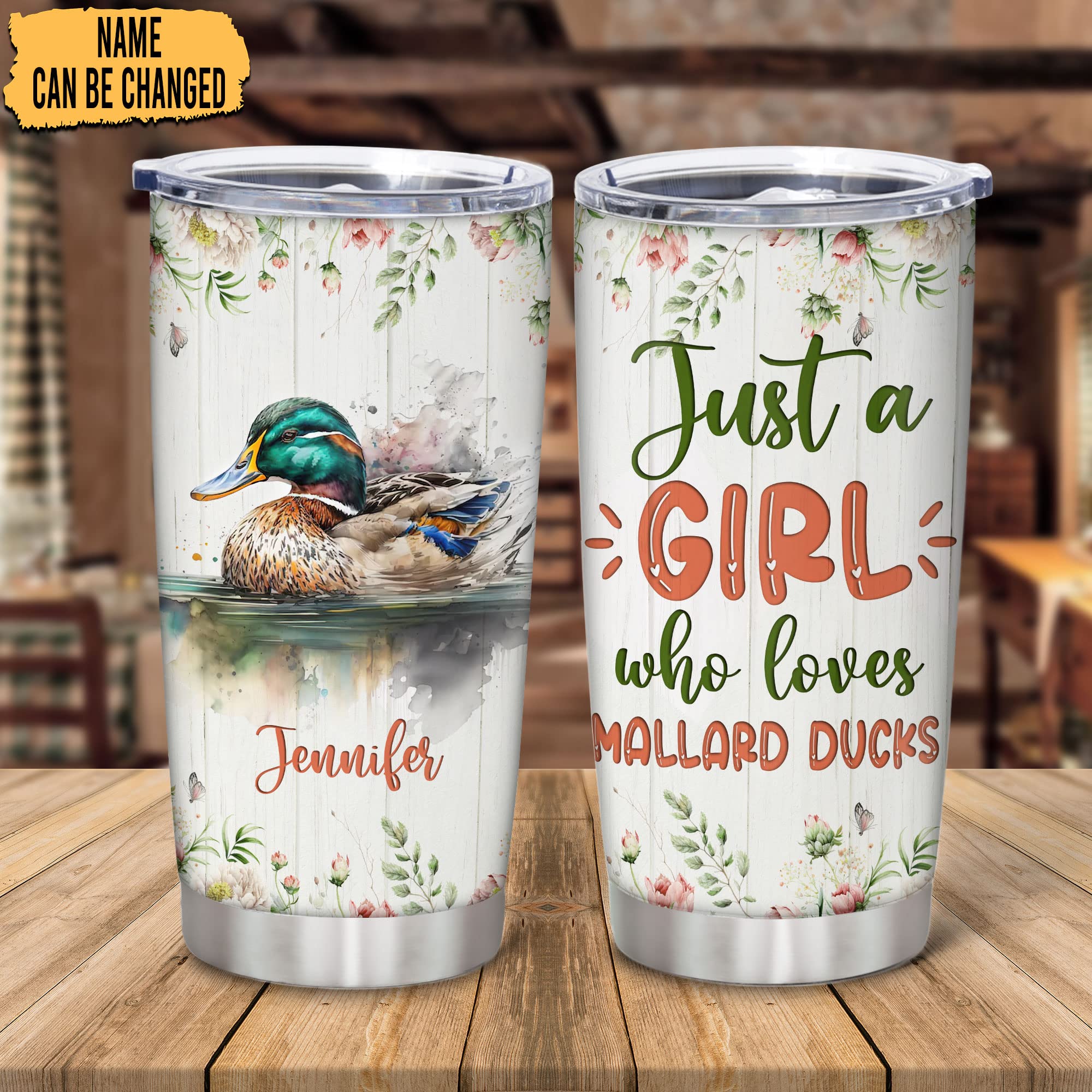 Hyturtle Personalized Gifts For Mallard Duck Lover - Just A Girl Who Loves Mallard Ducks Custom Name Stainless Steel Tumbler 20oz With Lid - Idea Gifts For Women Girl On Birthday, Christmas