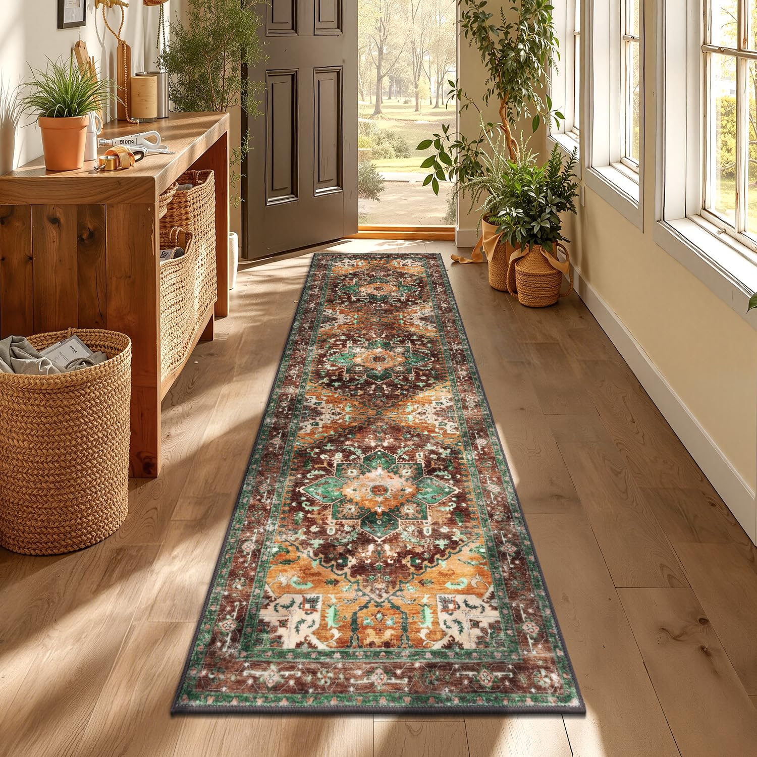 Yamaziot Washable Runner Rug, 2x7 Non-Slip Boho Vintage Hallway Kitchen Rug | Stain Resistant,Low Pile, Soft Distressed Floor Carpet with Rubber Backing for Bedroom, Kitchen, Laundry, Entrance 2' x 7' Rust/Dull Teal