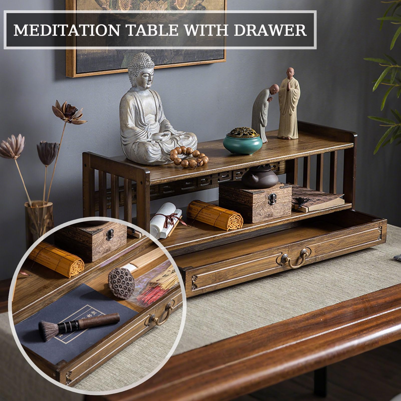 Scrivania da meditazione con cassetto – Tavolo da altare in noce per casa puja e conservazione spirituale, ideale per preghiera e serenità