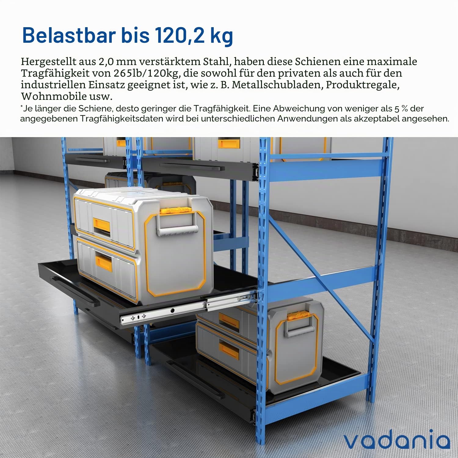 VADANIA SoftClose Schwerlast Schubladenschienen 600mm 98kg Tragfähigkeit Kugelgelagerten Vollauszug 3-teilig Seitenmontage 1 Paar