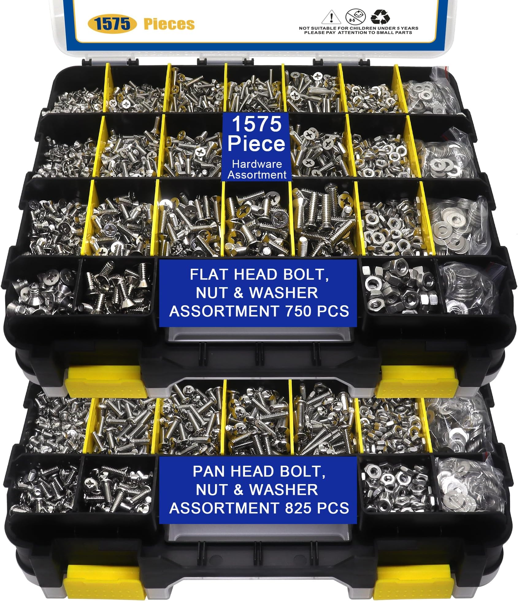 1575 PCS Nuts and Bolts Assortment Kit, Stainless Steel Phillips Pan Head & Flat Head Screws, Assorted Nuts Bolts Washers with Double Sided Organizer Box