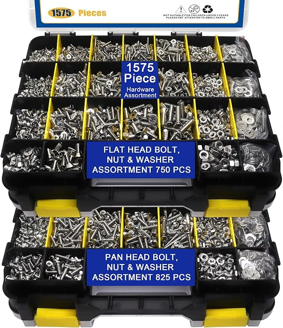 BUSY-CORNER 1575 PCS Kit d'assortiment pour écrous et boulons, tête de poêle Phillips en acier inoxydable & Vis à tête plate, Bouchons à écrous assortis, rondelles avec boîte d'organisateur à double face, M6