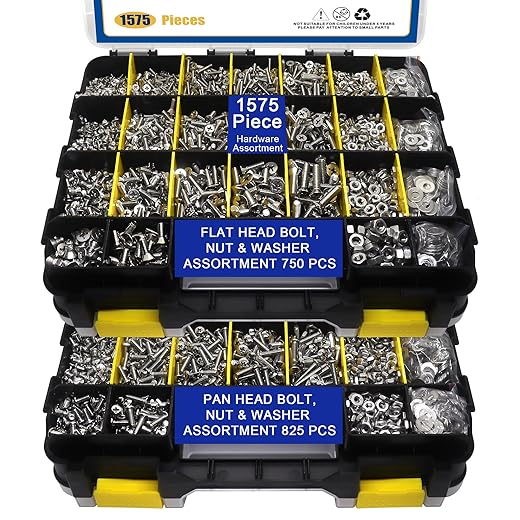 1575 PCS Nuts and Bolts Assortment Kit, Stainless Steel Phillips Pan Head & Flat Head Screws, Assorted Nuts Bolts Washers with Double Sided Organizer Box