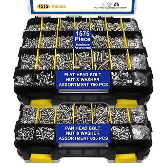 1575 PCS Nuts and Bolts Assortment Kit, Stainless Steel Phillips Pan Head & Flat Head Screws, Assorted Nuts Bolts Washers with Double Sided Organizer Box