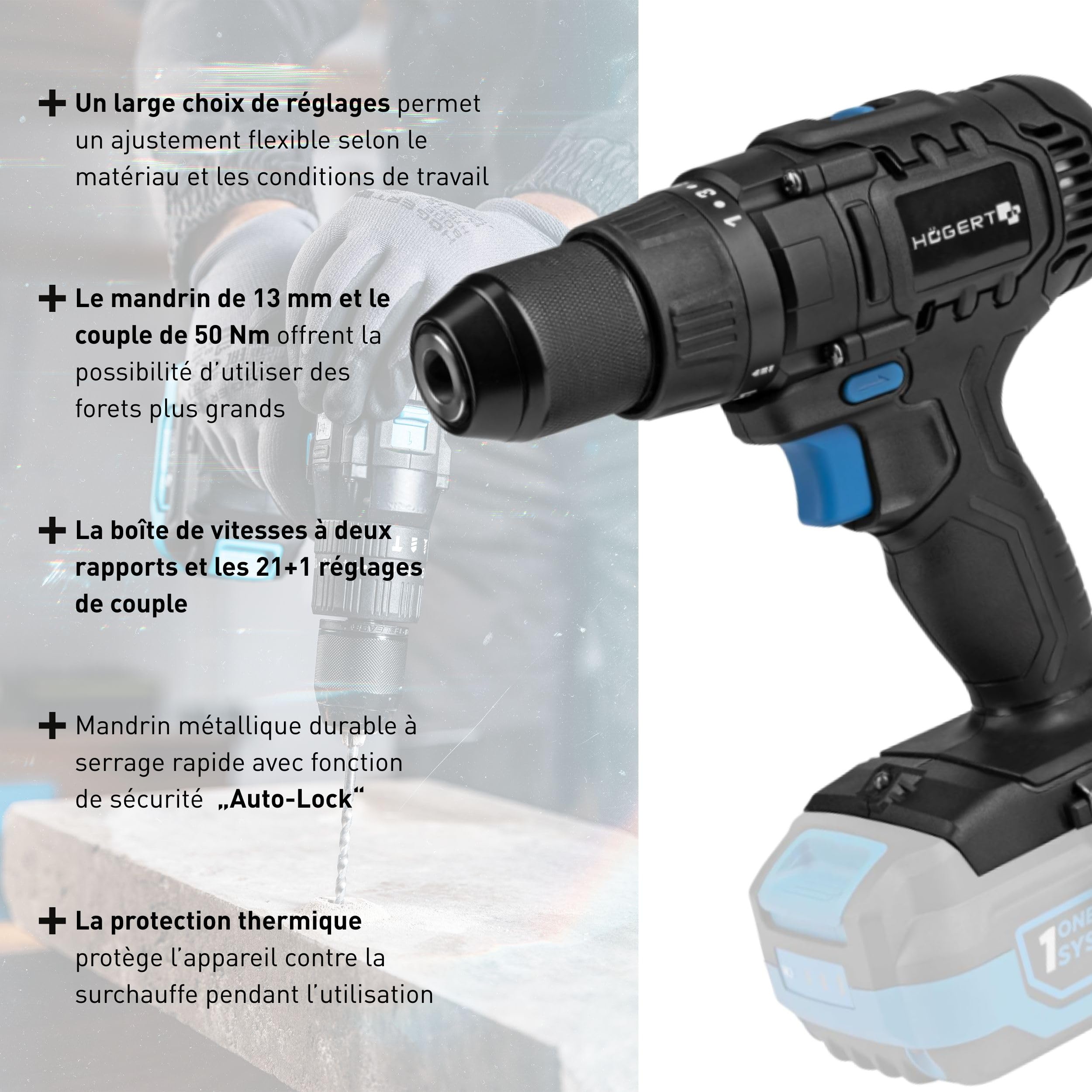 HÖGERT TECHNIK Perceuse-visseuse sans fil 18V, couple 50 Nm, mandrin Auto-Lock 13 mm, 21+1 réglages de couple, 2 vitesses, éclairage LED, engrenage métallique, sans batterie