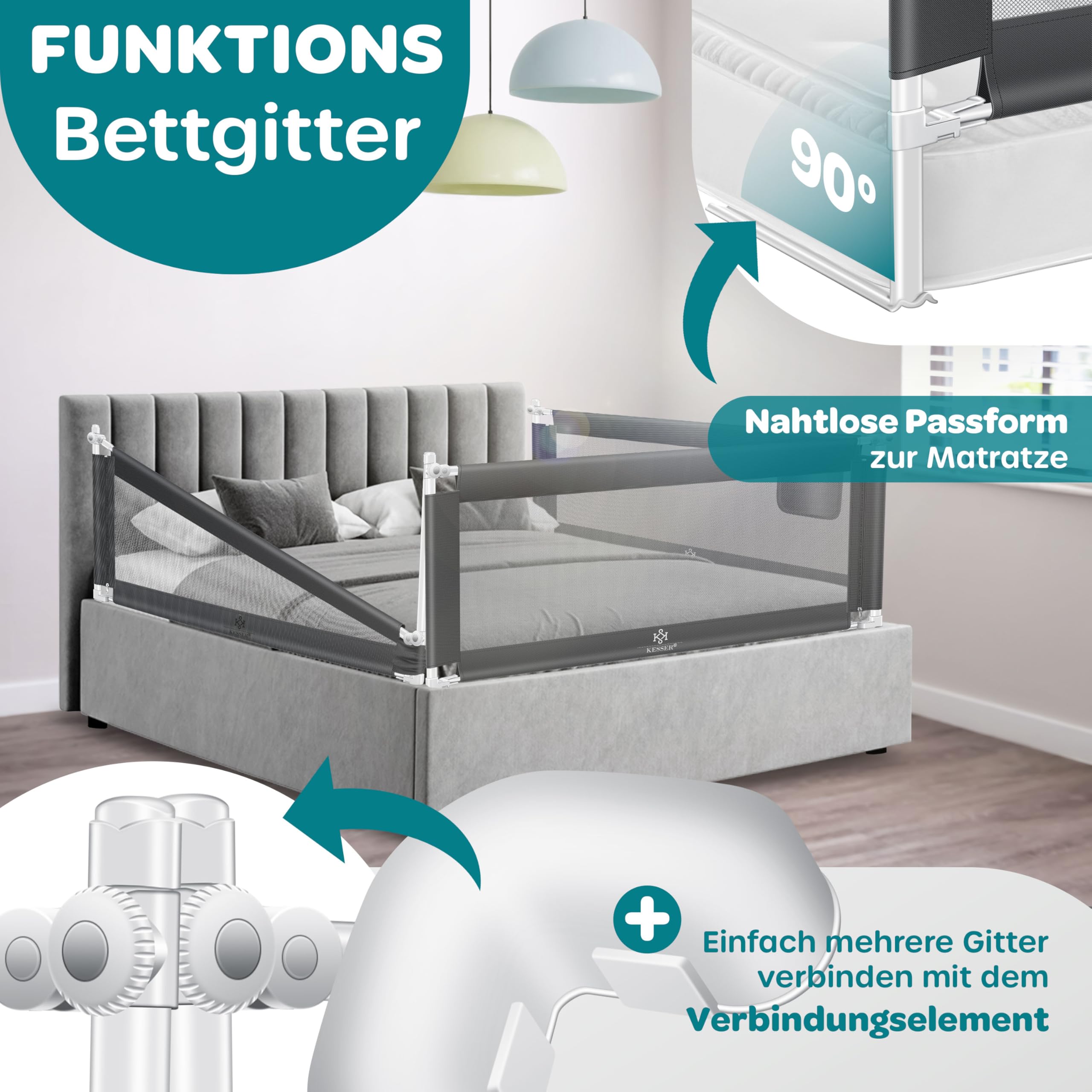 KESSER® Bettschutzgitter 200 cm, Rausfallschutz Bett & Bettgitter Kinderbett, klapp- & höhenverstellbar, Kindersicherung Baby Fallschutz, Mesh Netz, Kinderbett Schutzgitter + Tasche, Dunkelgrau