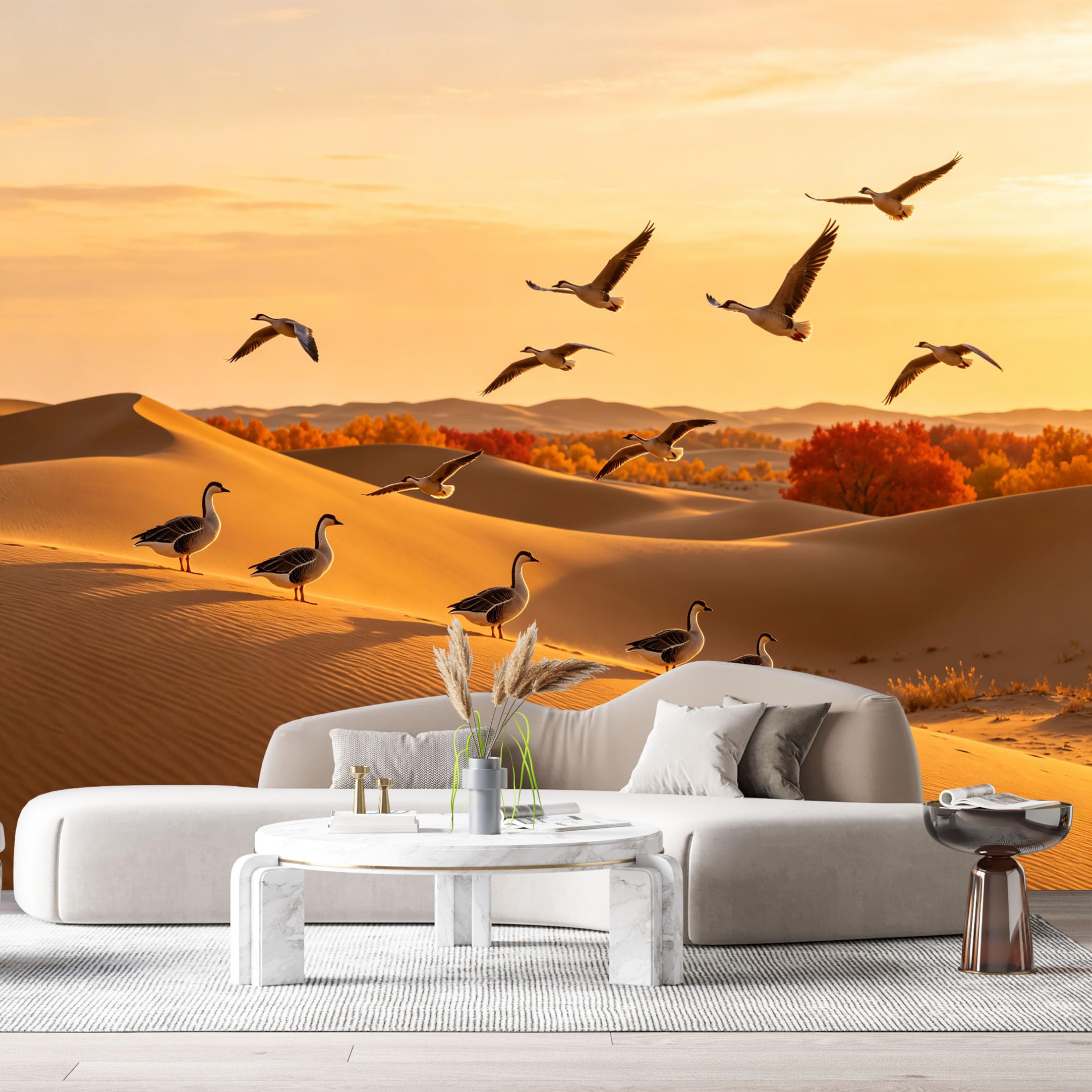 Custom Size Wall Murals Desert Landscape Watercolor Flying Geese Golden Sand Dunes Autumn Trees SelfAdhesive Wall Fabric Removable Large Wallpaper for Photo Living Room