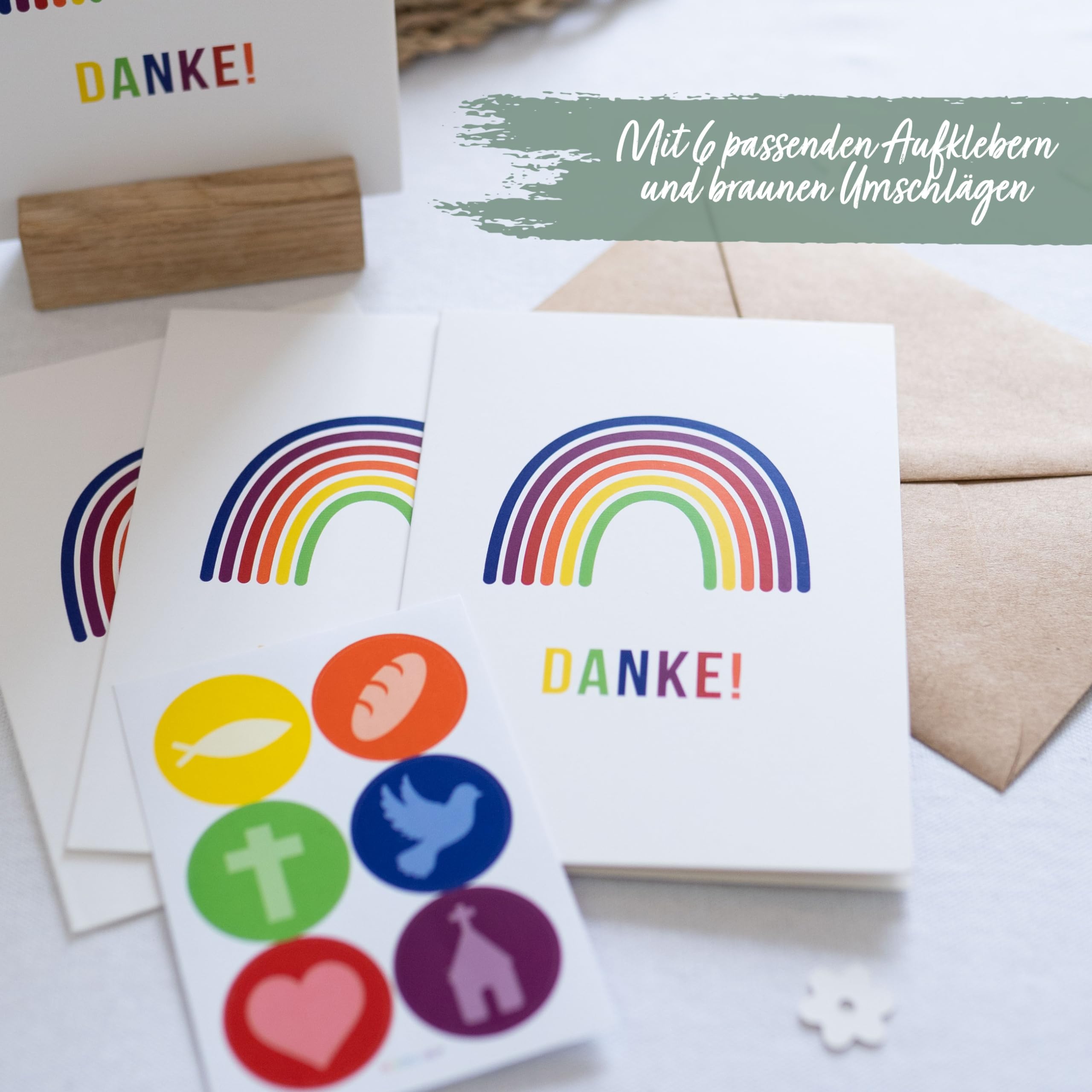 Papierdrachen 6 Thank You Cards for Christian Celebrations such as Christening, Communion, Confirmation, Rainbow Motif - Image 3