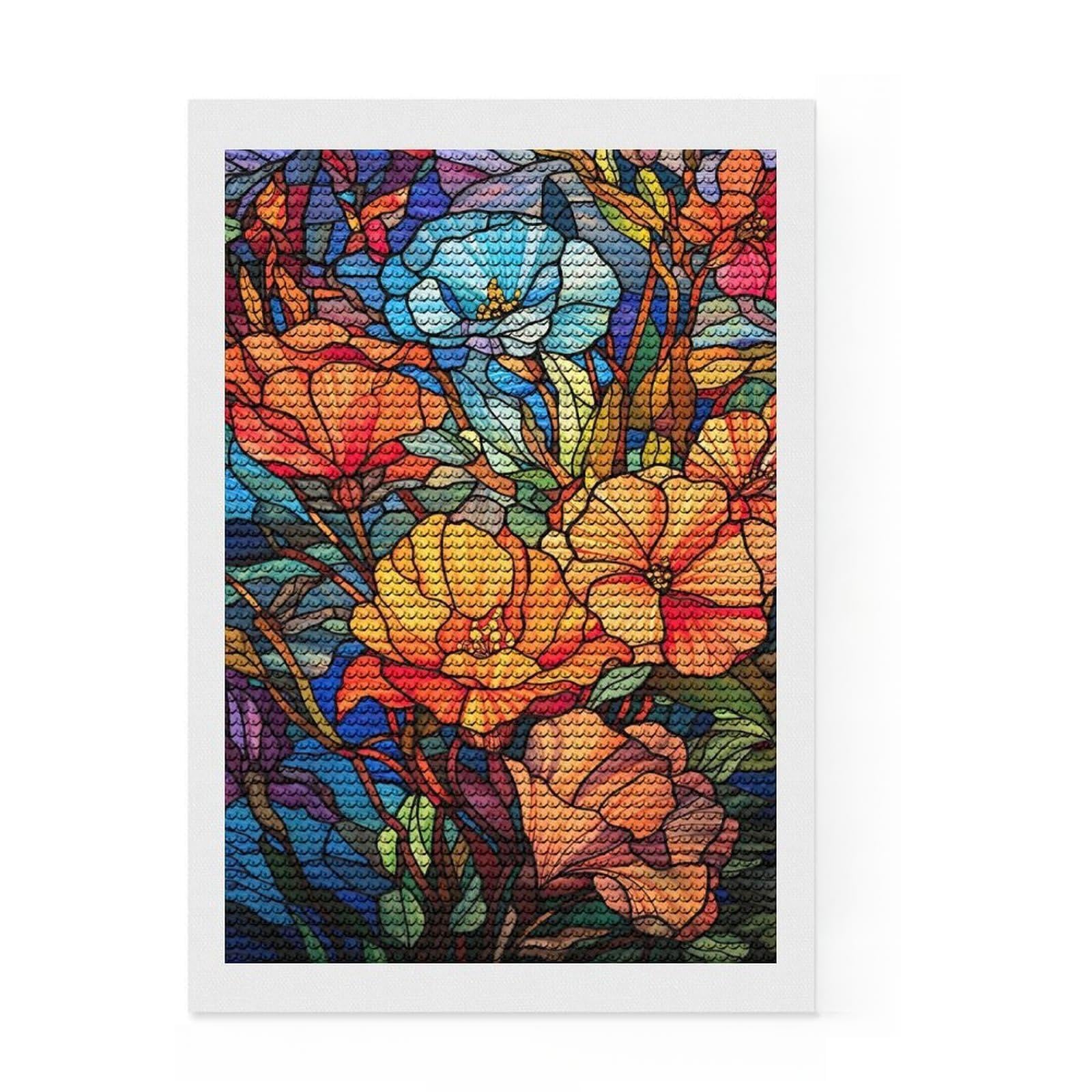 Junmoney Stained Glass Flowers Diamond Painting Set 8"x12", Aesthetic Room Decor, Vintage Style Decor, Creative Hobby, Decorative Artwork
