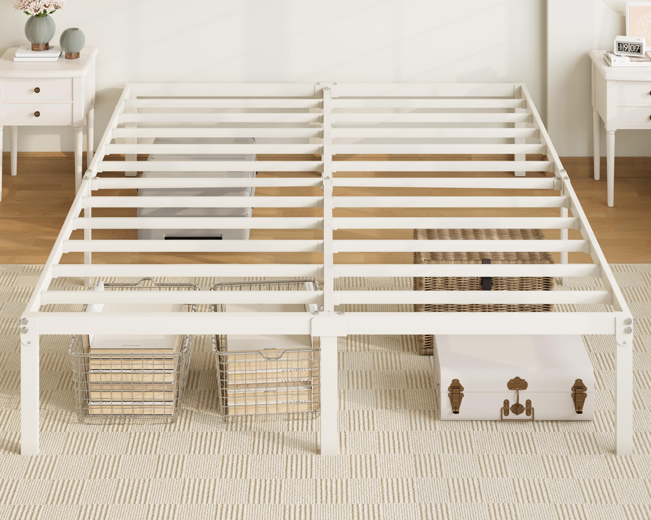 Allewie Full Size Bed Frame, 14 inch Metal Platform Beds with Storage Space, No Box Spring Needed and Easy Assembly, White