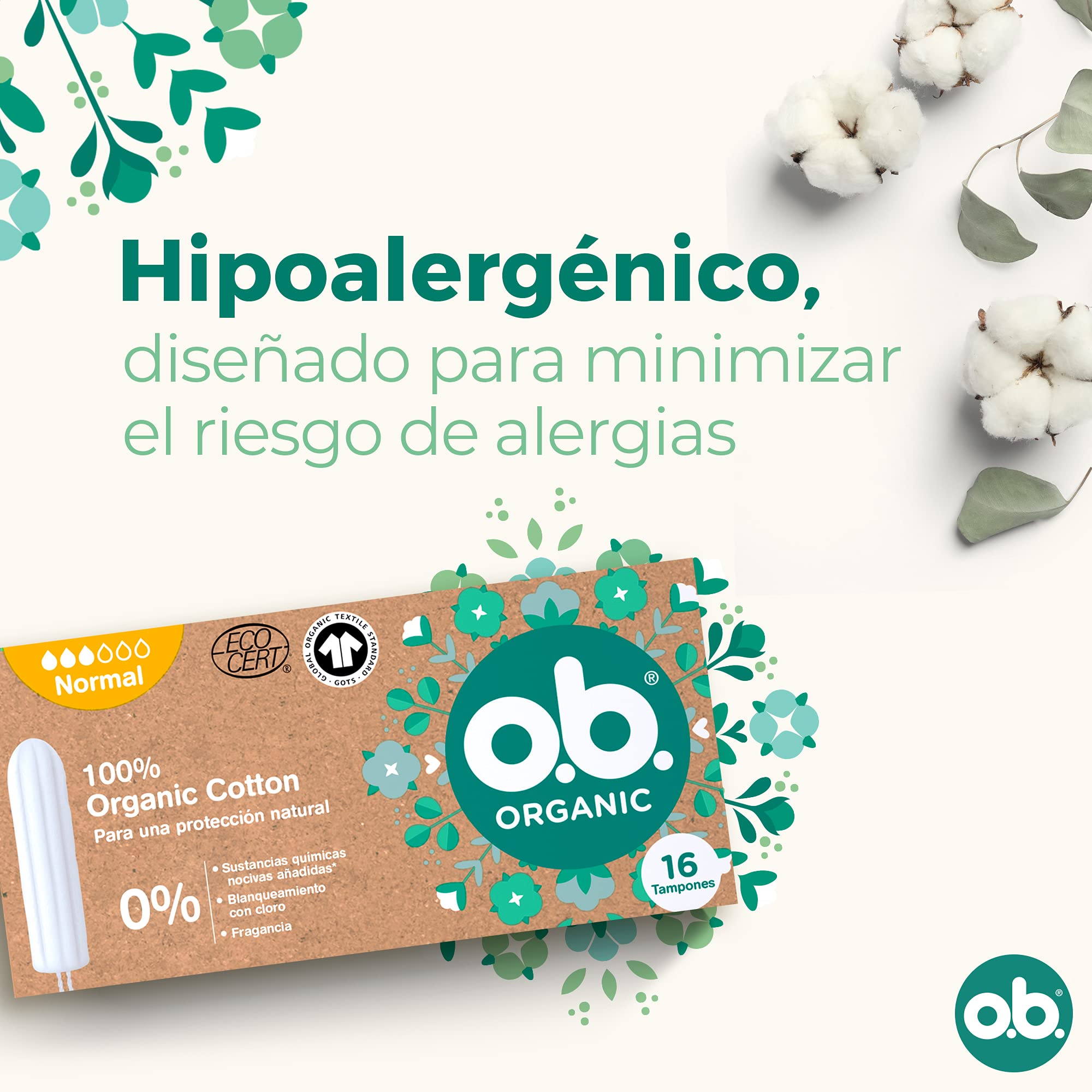 o. b. ORGANIC Tampony ze 100% bawełny organicznej (1 x 16 szt.), tampony bez aplikatora o normalnej chłonności, jednorazowe tampony wolne od szkodliwych substancji