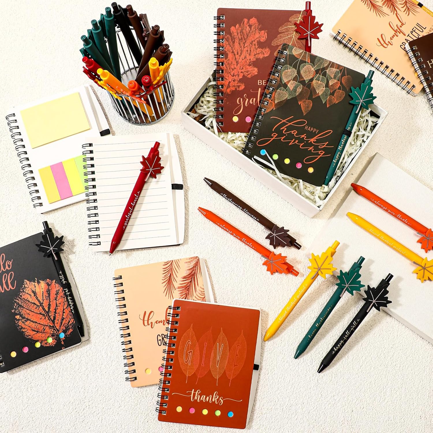Resurhang 24 Sets Fall Thanksgiving Gifts Autumn Notebook and Fall Ballpoint Pens Set Maple Leaf Notebook Friendsgiving Autumn Gifts Bulk for Student Classroom Office Harvest Party Favor