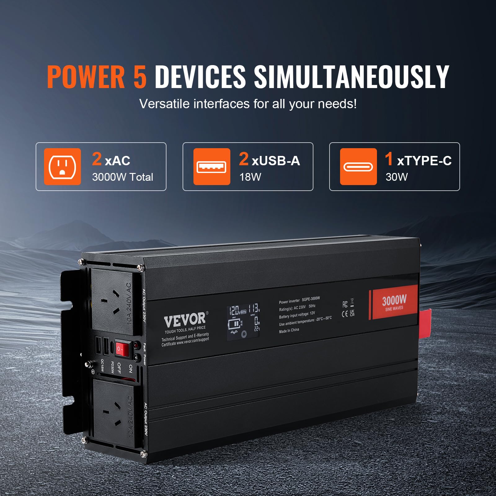 VEVOR Convertitore di Potenza a Onda Sinusoidale, Convertitore Potenza 3000W CC da 12V a CA 230V Display LCD e Telecomando per Grandi Elettrodomestici, FCC