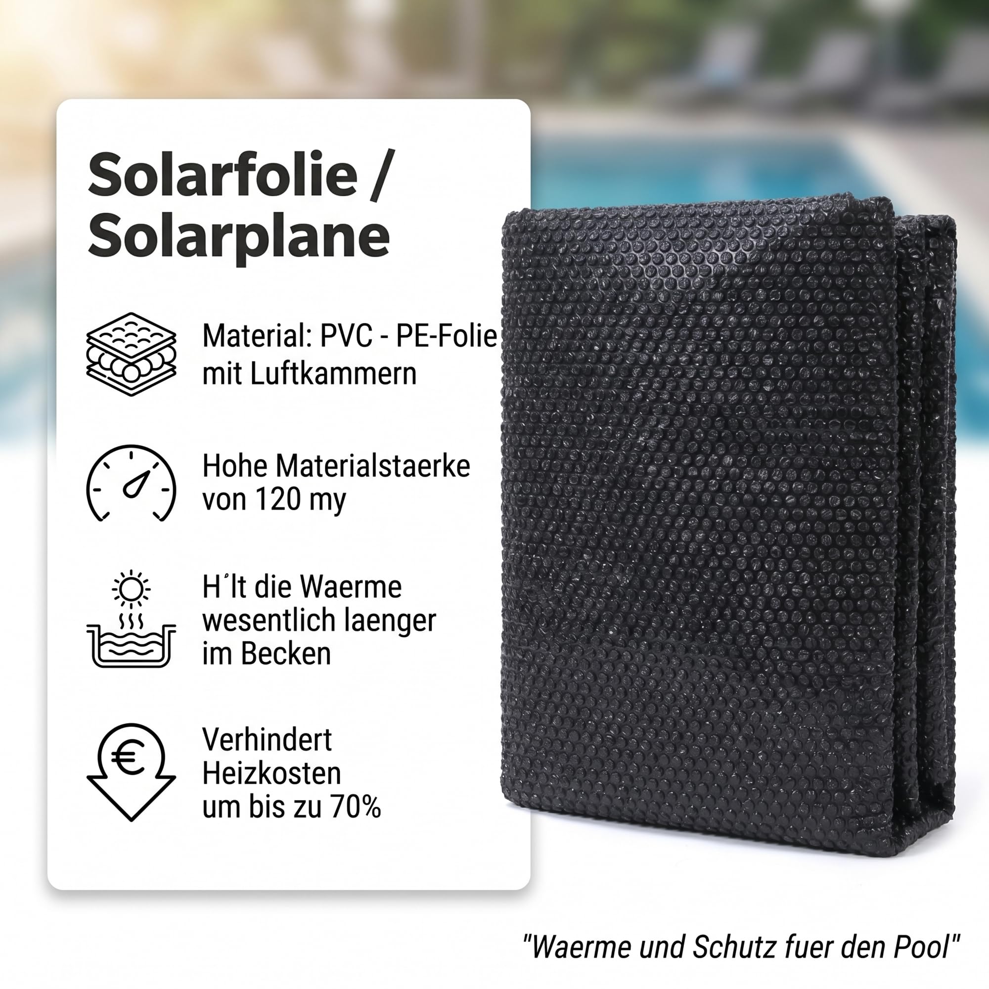 Mucola Pool Solarfolie Rund Ø 366 cm Schwarz 120my – Solarplane PVC mit Luftkammern und Ösen | spart bis zu 70% Heizkosten, reduziert Verdunstung, UV-beständig, zuschneidbar für Aufstellpool