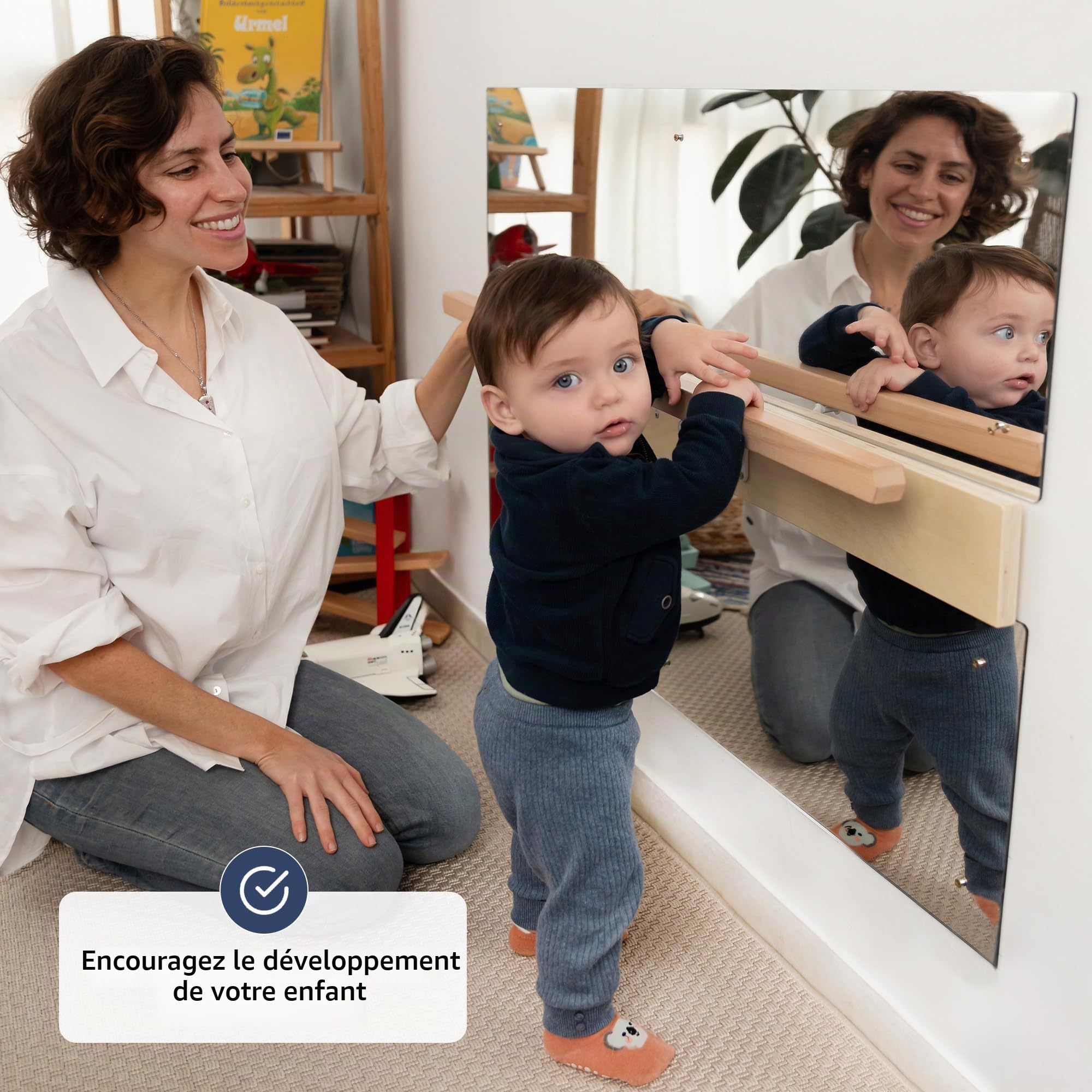 ODOXIA Miroir Montessori Bébé avec Barre Tout-Petits | Miroir avec Barre pour Se Tenir Debout | Cadre Mural en Bois pour Apprentissage | Idéal Salle de Jeux et Crèche