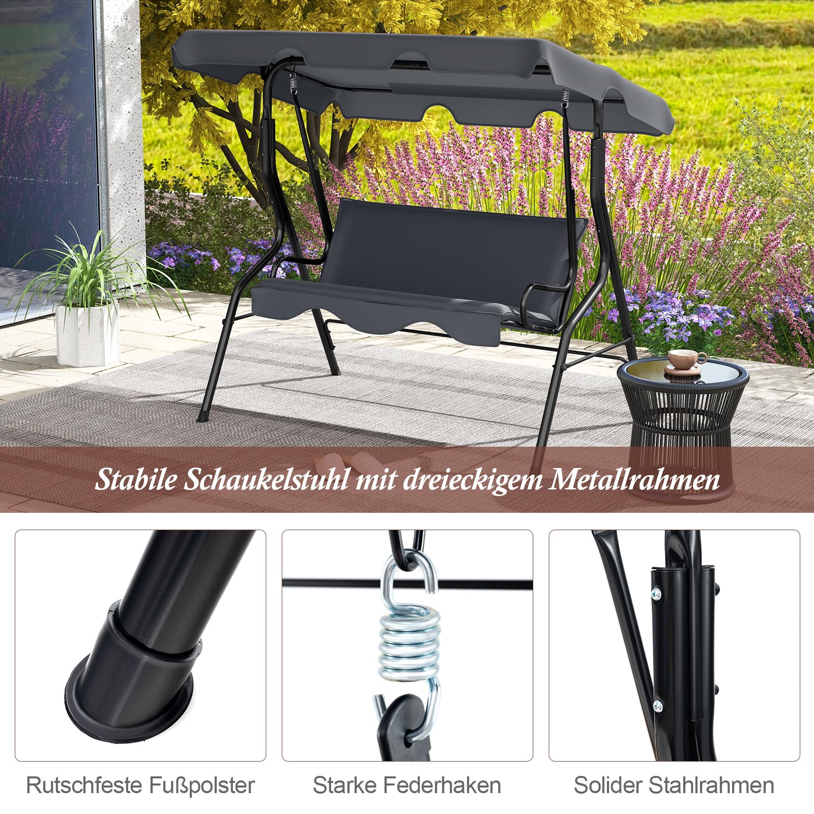 RELAX4LIFE Hollywoodschaukel 3-Sitzer, Schaukelbank mit verstellbarem Sonnendach, Gartenschaukel Stahl, Gartenliege für Garten & Terrasse & Balkon, stabile Gartenbank, Schaukel Farbewahl (Grau)