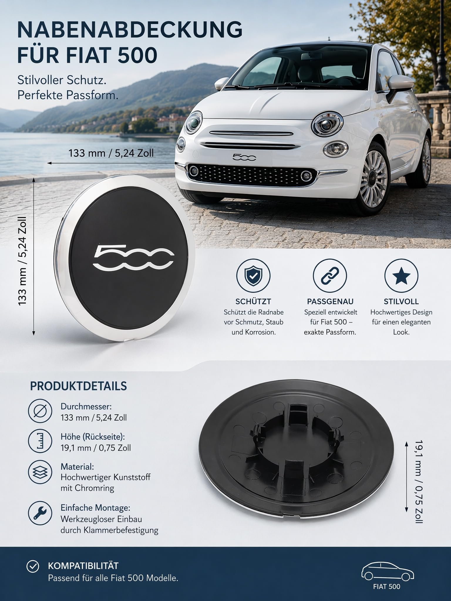 Enjoliveur pour Fiat 500, Capuchon de Moyeu (4 Bord Argent Lettres Argent)