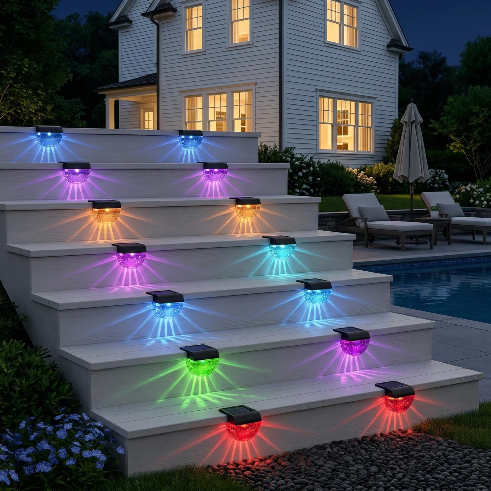 Melunar Paquete de 16 luces solares para terraza al aire libre, luces solares impermeables para exteriores, patio, jardín, piscina, barandilla, escaleras, valla (cambio de color)