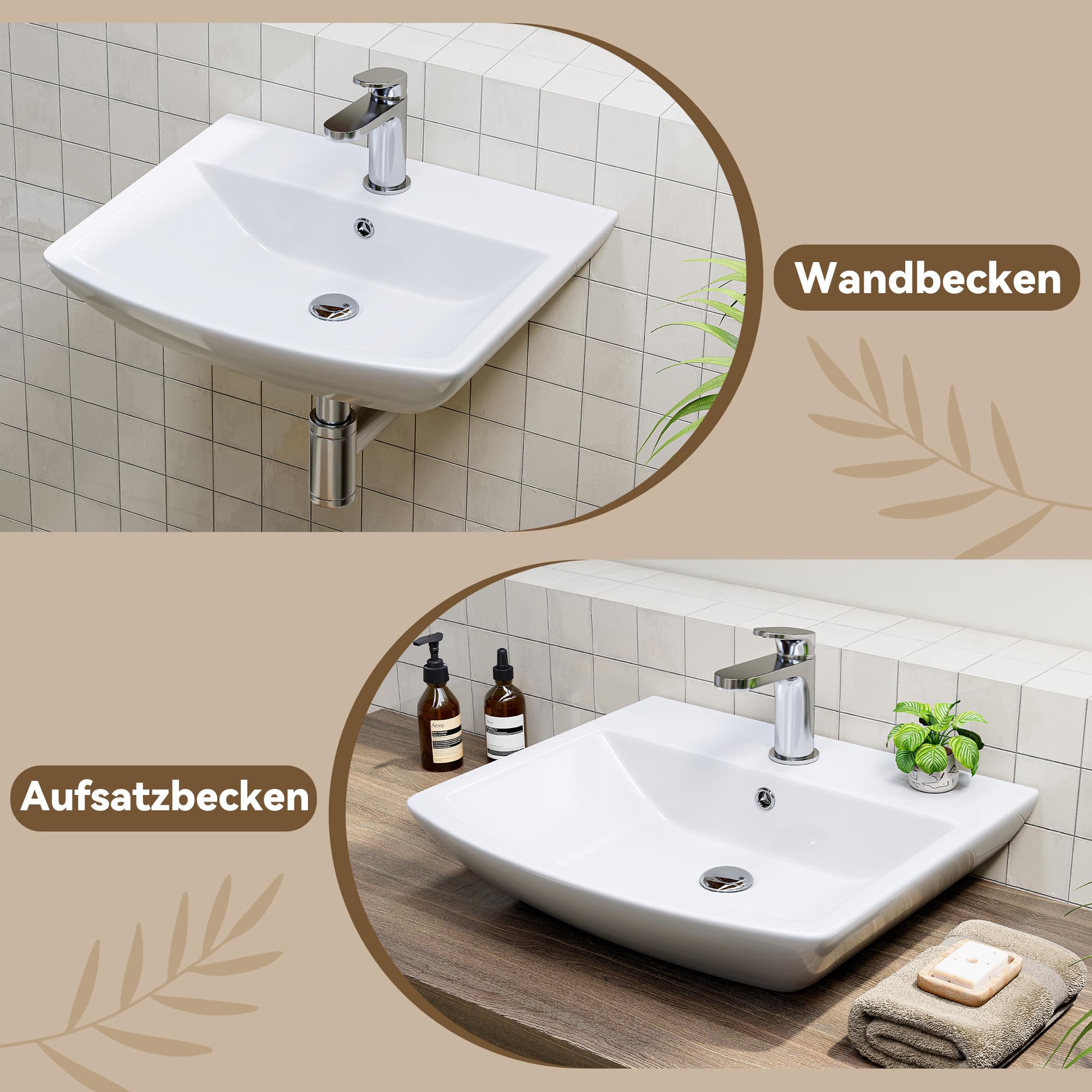 HOROW Lavabo da bagno piccolo con troppopieno, lavabo da tavolo, per bagno degli ospiti, lavabo sospeso, lavabo da parete con foro per rubinetto, in ceramica, bianco, 50 cm