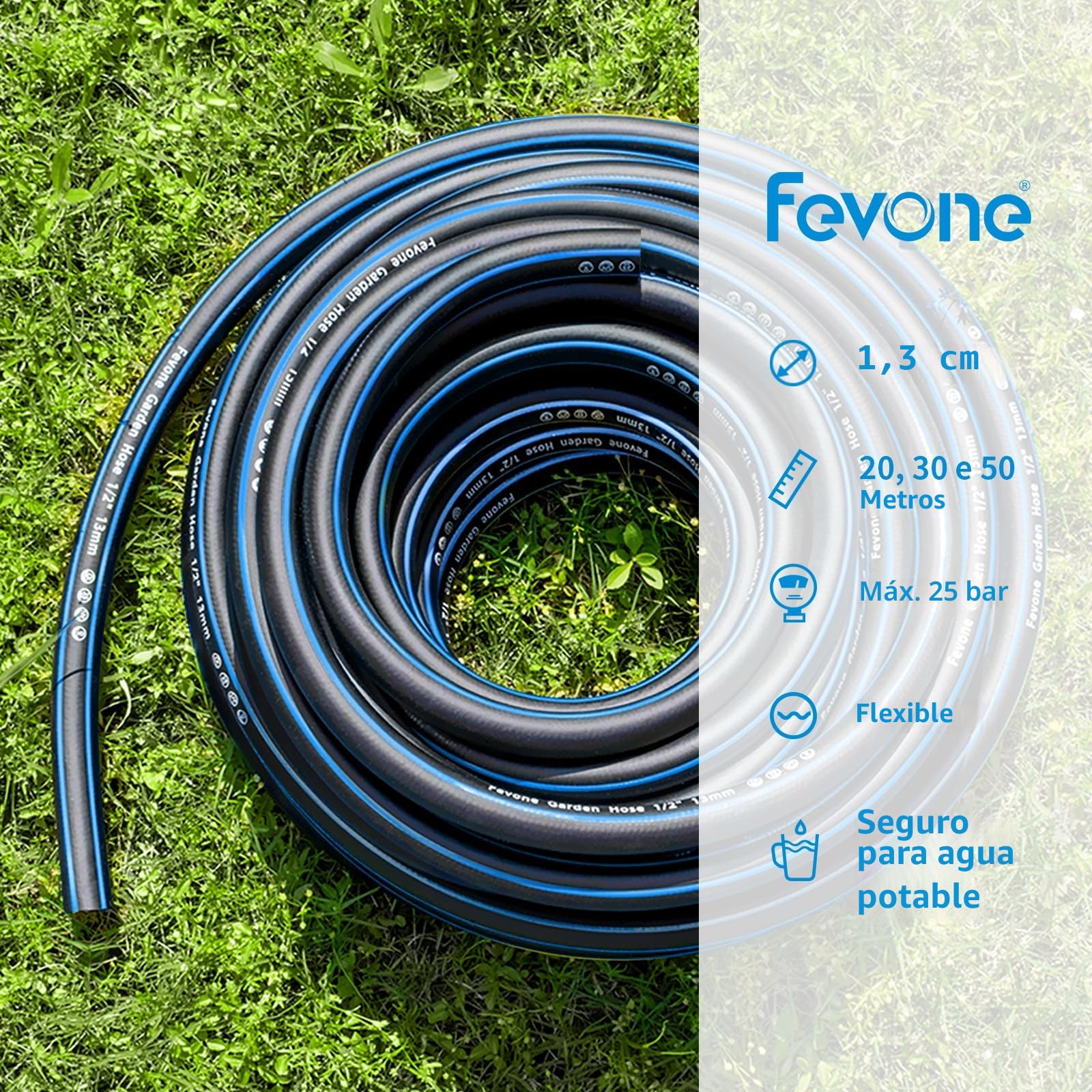 Fevone Manguera jardin 50 metros 13 mm 1/2 pulgadas, 4 capas, 25 bar, resistente y duradera, para exteriores, compresor, manguera de jardín flexible, resistente,Gurable