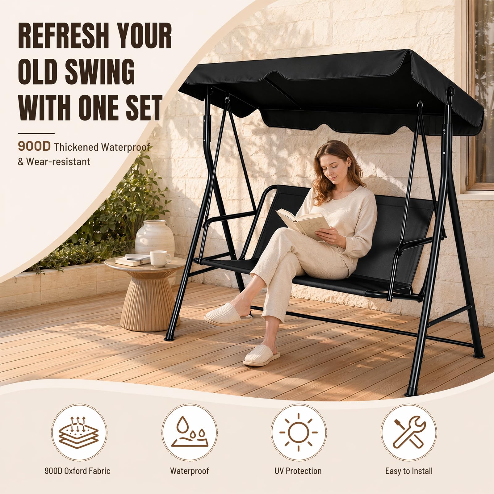 Fodera di ricambio per seduta di dondolo Hollywood, coprisedile per altalena da giardino, tessuto Oxford 900D impermeabile e antistrappo, fodera per dondolo da 2 e 3 posti 115 x 48 x 48 cm