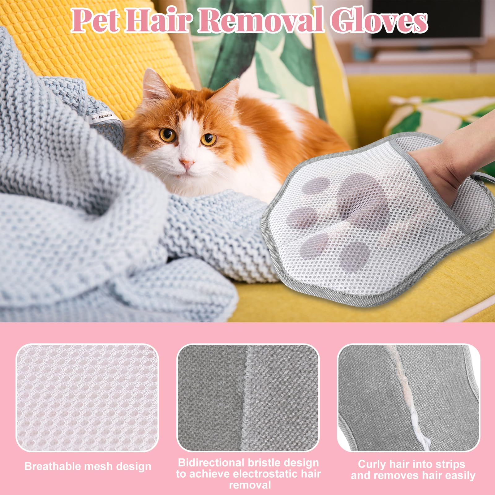 2 Pièces Gant Ramasse Poils Animaux, Gant Anti Poil Chat et Chien Réutilisable Double Face, Brosse Poils Électrostatique pour Canapé & Vêtements (Rose & Gris)