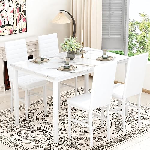 Miniatura 3 de Hooseng Juego de mesa de comedor de 5 piezas para 4, mesa de cocina de mármol sintético con sillas tapizadas, juego de mesa moderno para comedor,