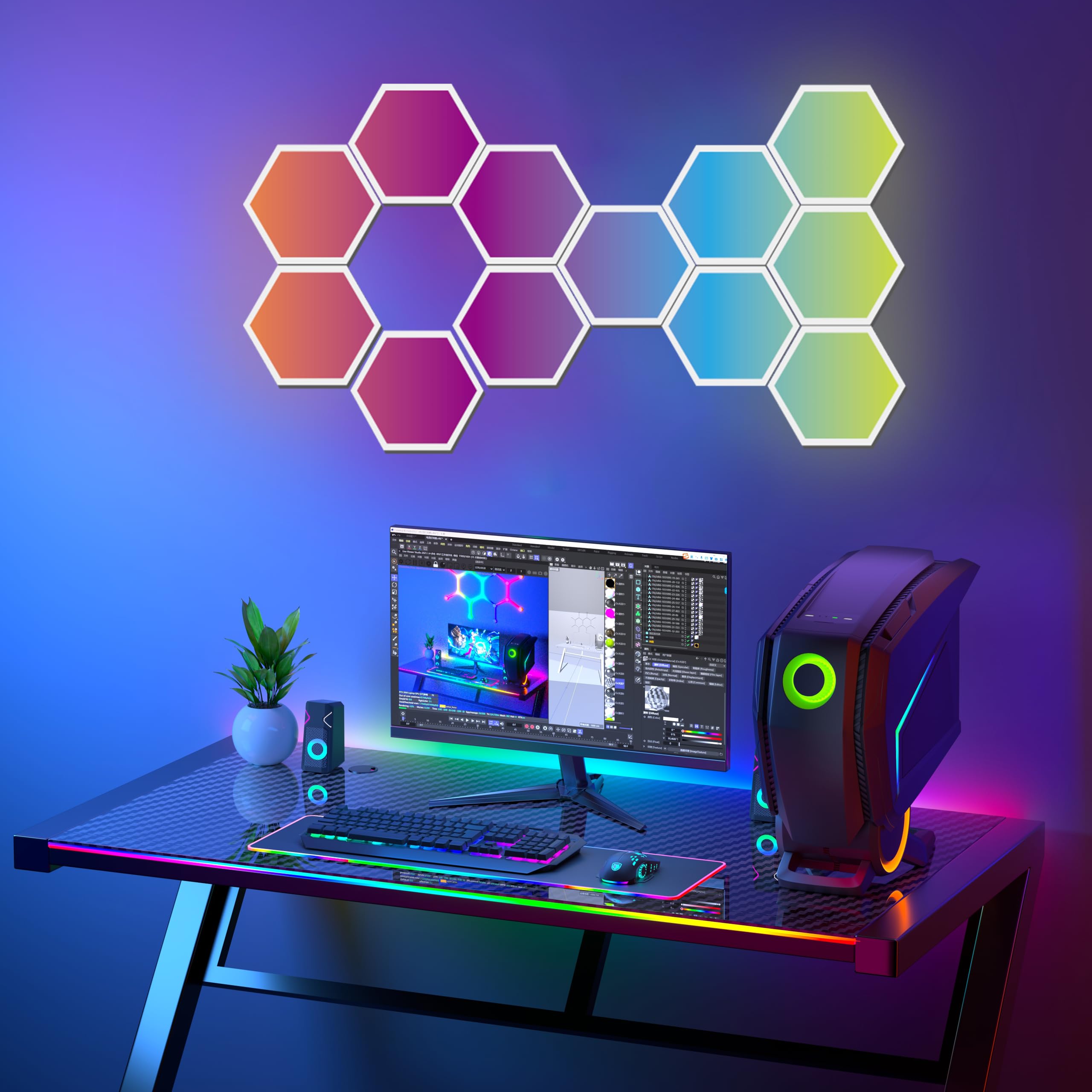 RGBIC Lot de 12 appliques murales à DEL hexagonales avec contrôle par application et synchronisation de la musique, kit d'éclairage modulaire à changement de couleur pour salle de jeux, chambre
