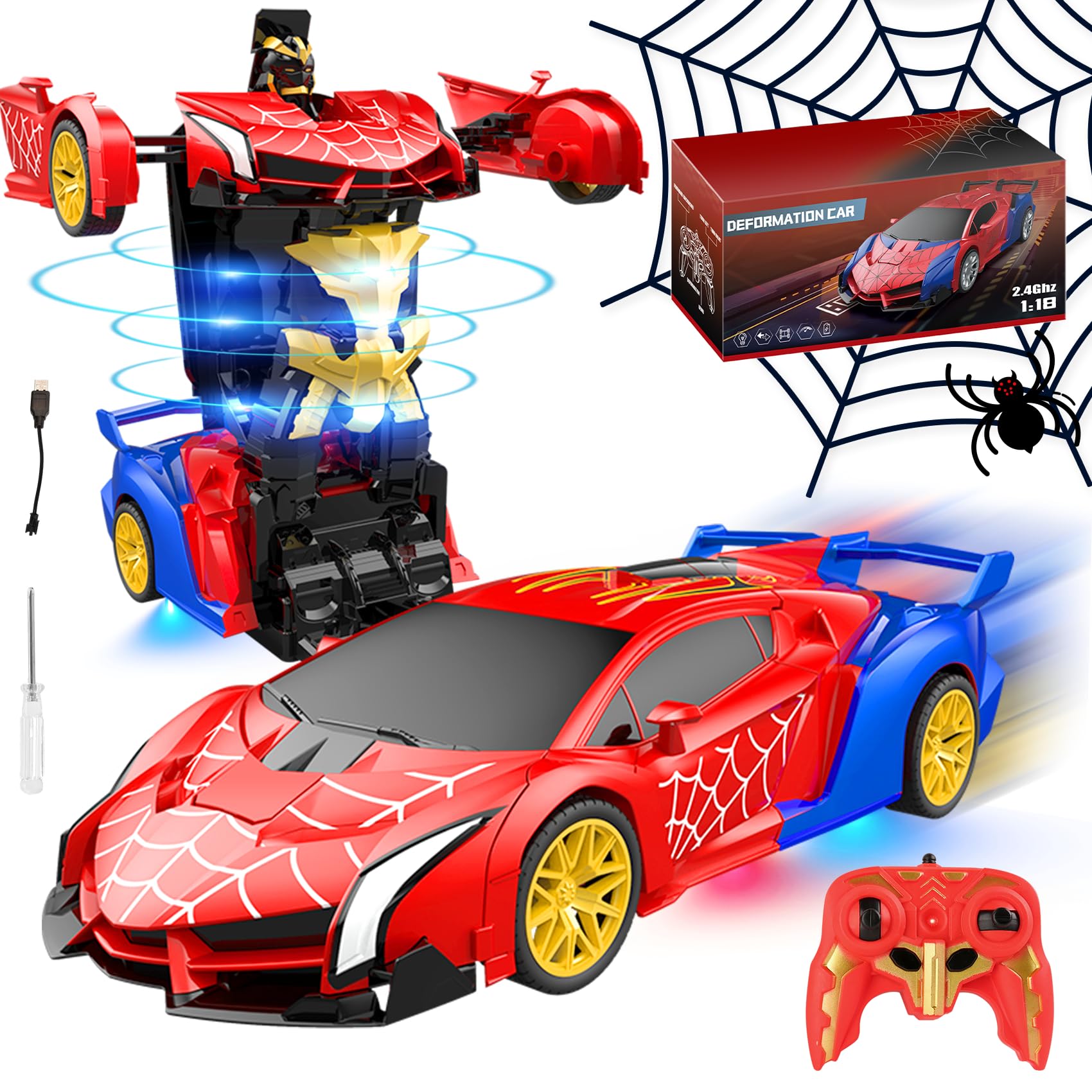 Voiture Télécommandée Spider Robot 2 en 1 Transformable, 360° Rotation, Lumières Sous le Châssis, 2.4GHz Transformable Voiture Cadeau pour Filles Garçons à Partir de 3 4 5 6 7 8 Ans