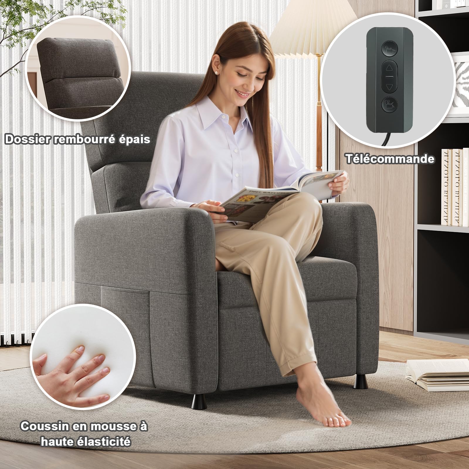 Devoko Fauteuil de Relaxation, Fauteuil Relax Électrique avec Dossier Réglable et Repose-Pieds Extensible, Fauteuil Inclinable pour Chambre, Salon et Home cinéma, télécommande