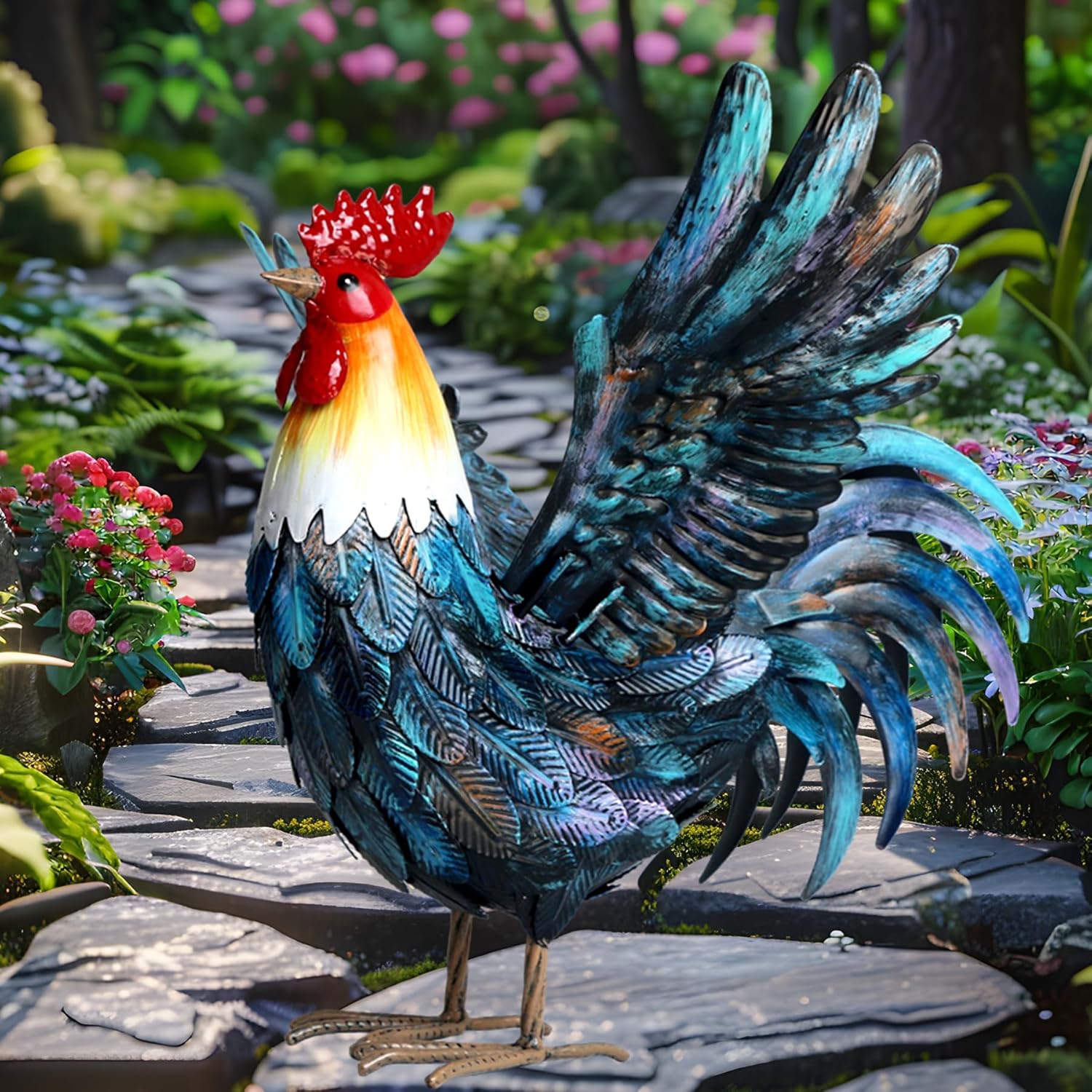 Handmade Multicolor Metal Rooster Garden Statue