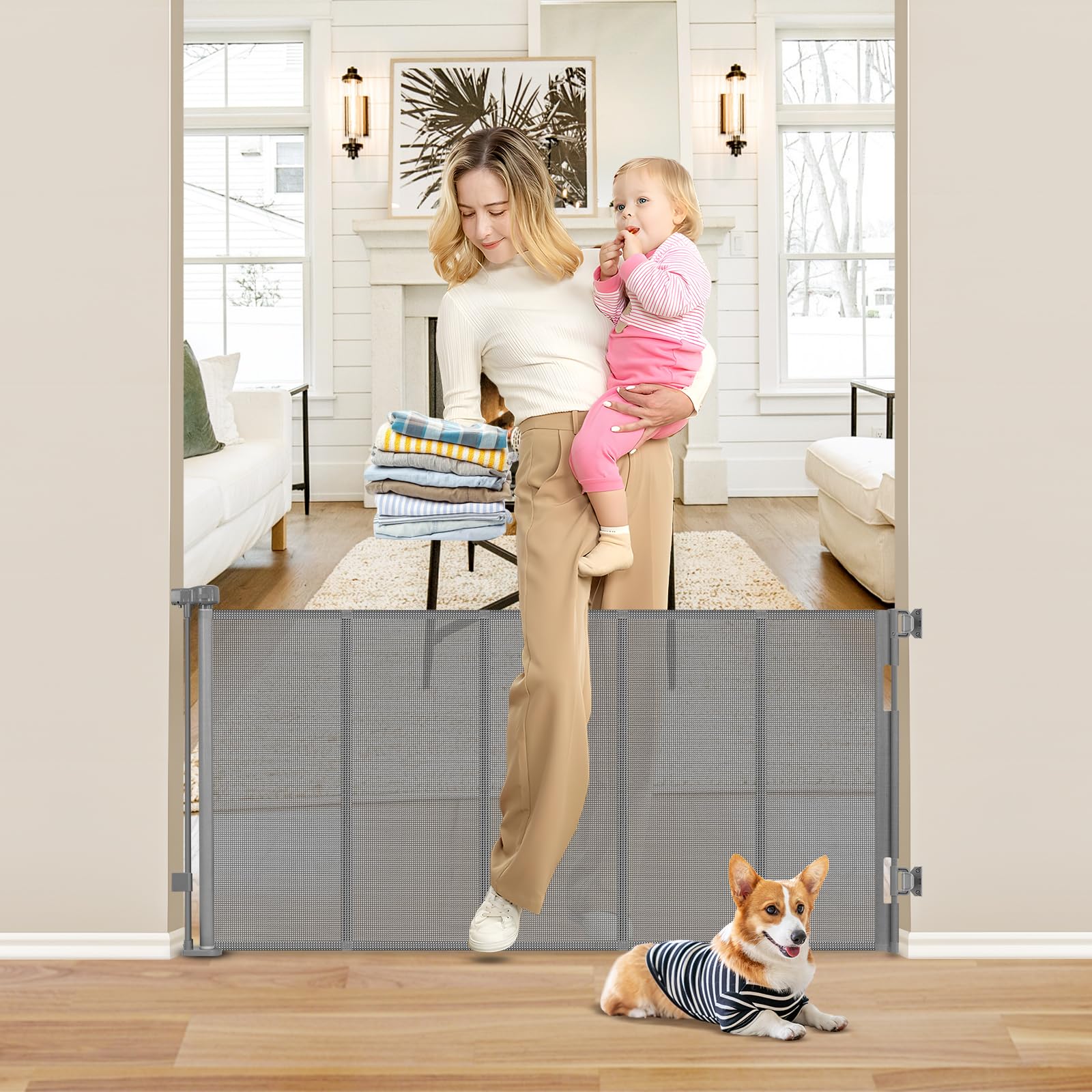 Reinforced 26 Inch Tall Retractable Child Gate to Step Over 55" Wide Small Retractable Baby Gates for Stair Retractable Dog Gate Short Mesh Dog Gate