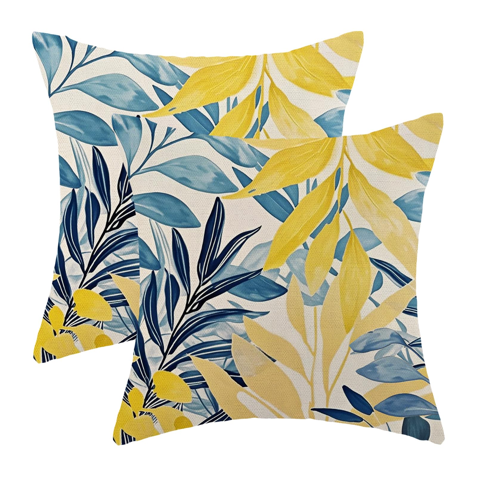 Summer Pillow Covers 18x18 Inches Set of 2 Yellow Blue Leaves Throw Pillow Covers Outdoor Modern Spring Summer Leaf Decoration Pillowcase Farmhouse