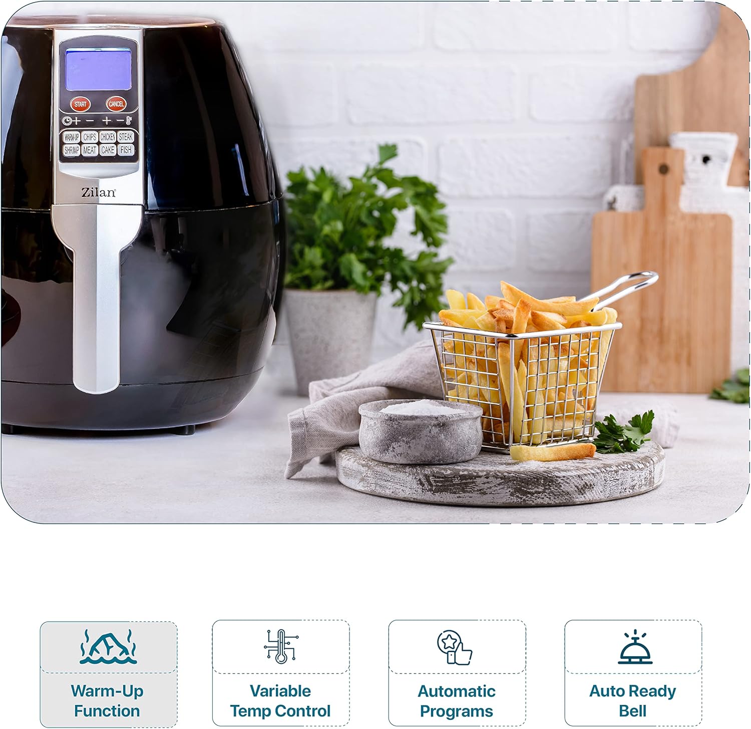 Zilan Friggitrice elettrica senza olio, capacità 3,5 l, friggitrice ad aria smart, salutare, friggitrice ad aria calda, senza BPA, schermo touch LED, scola-patatine, per la famiglia, timer predefiniti Zilan Friggitrice elettrica senza olio, capacità 3,5 l, friggitrice ad aria smart, salutare, friggitrice ad aria calda, senza BPA, schermo touch LED, scola-patatine, per la famiglia, timer predefiniti