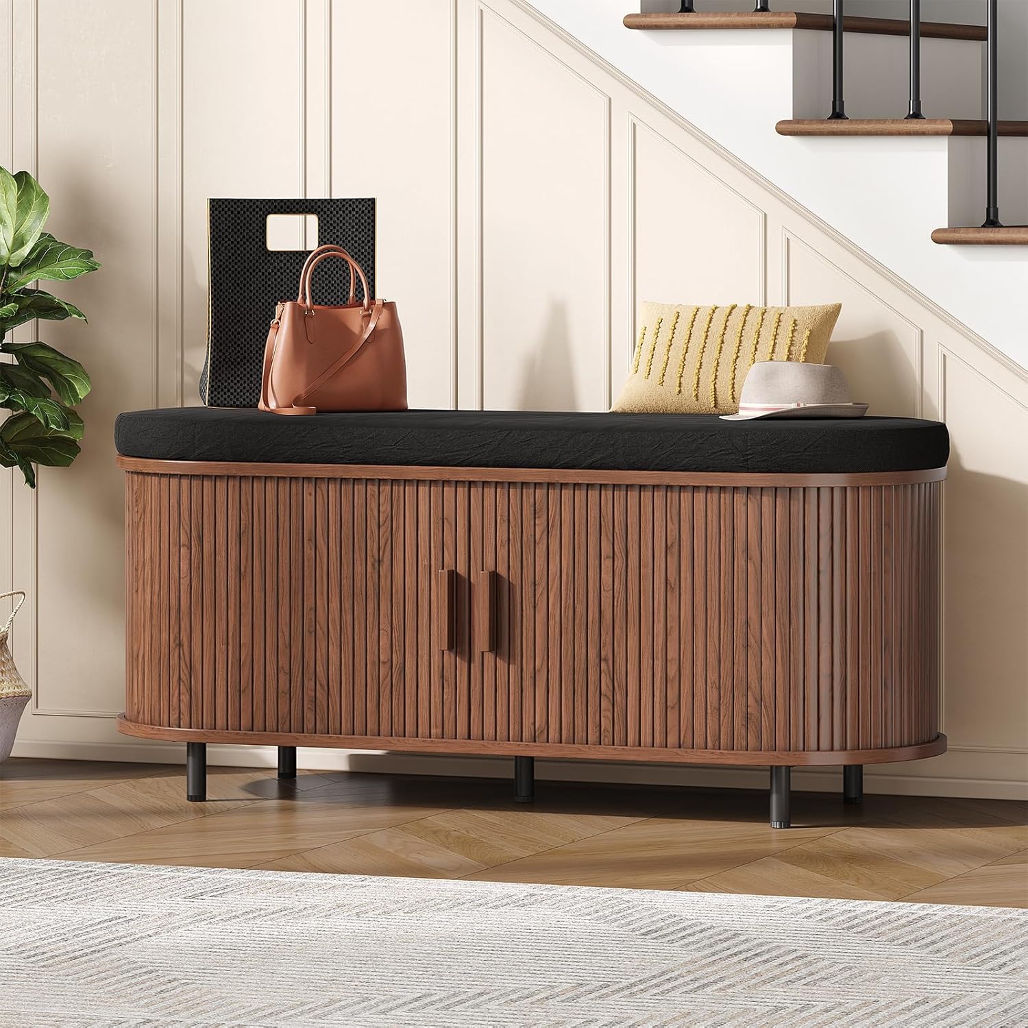 Oval Shoe Storage Bench with Padded Seat Cushion, 2-Tier Fluted Shoe Cabinet with Adjustable Shelves, Mid-Century Bench Compact for Entryway, Hallway, Closet, Front Accent, Foyer, Bedroom, Walnut