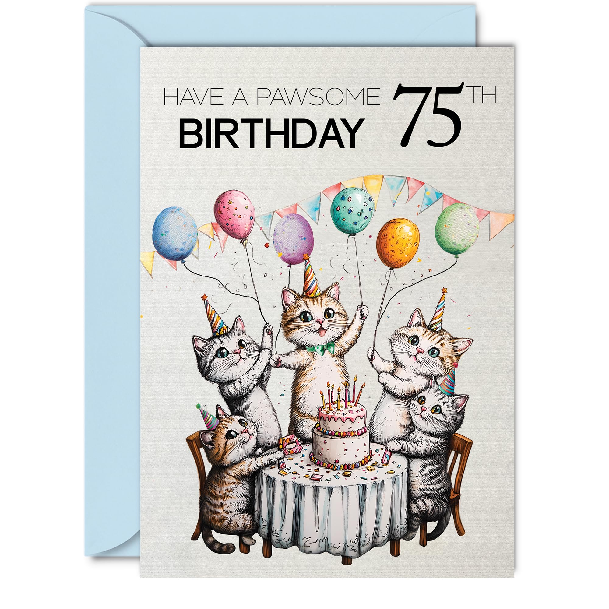 75th Birthday Card for Women and Men, Pawsome Party Cats Balloons
