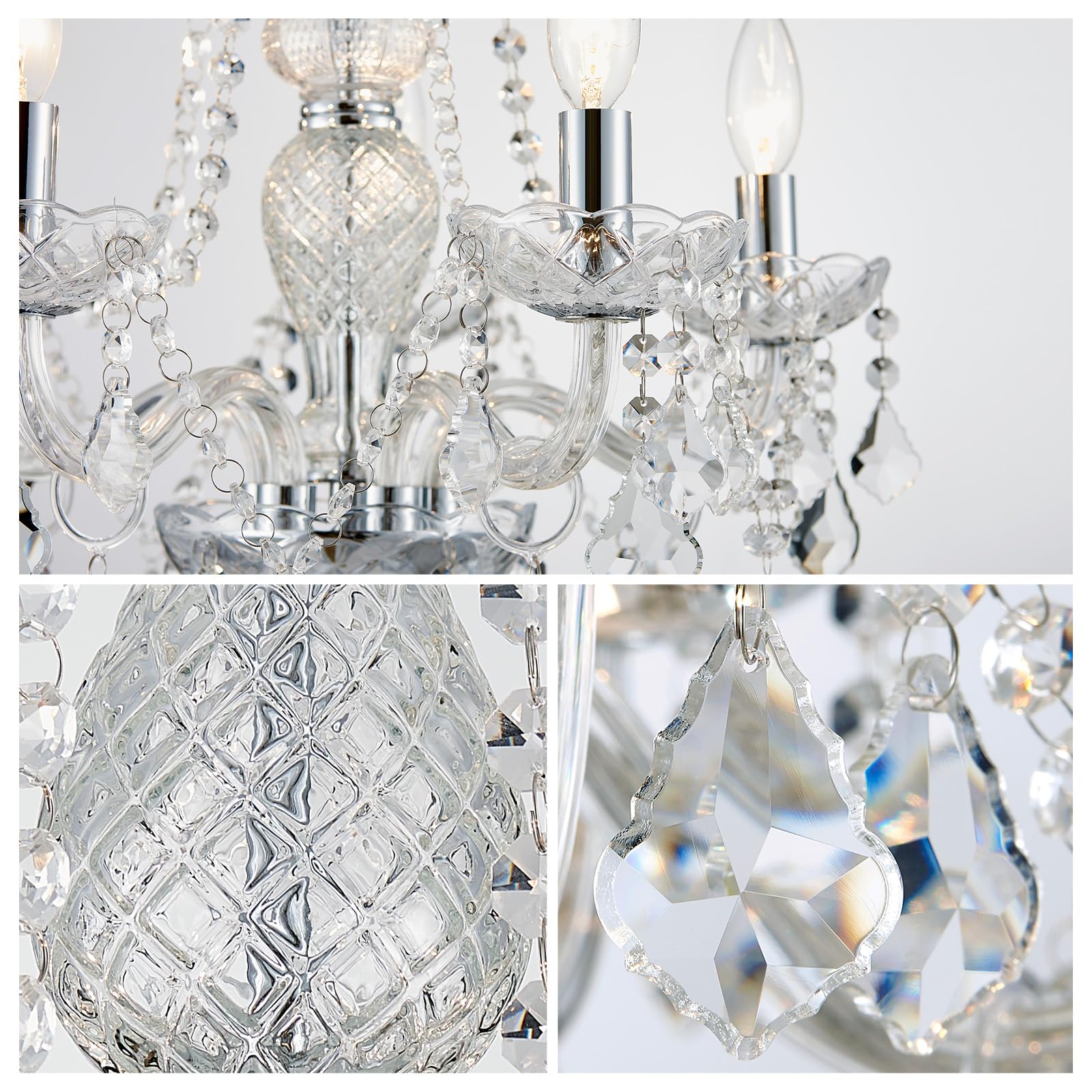 WUZUPS Crystal 5-Light Candle Chandelier Colgante Flushmount Luz de techo Instalación de iluminación moderna para dormitorio Pasillo Bar Cocina Baño, H 63.5cm x W 50.8cm, Chrome, Base E14