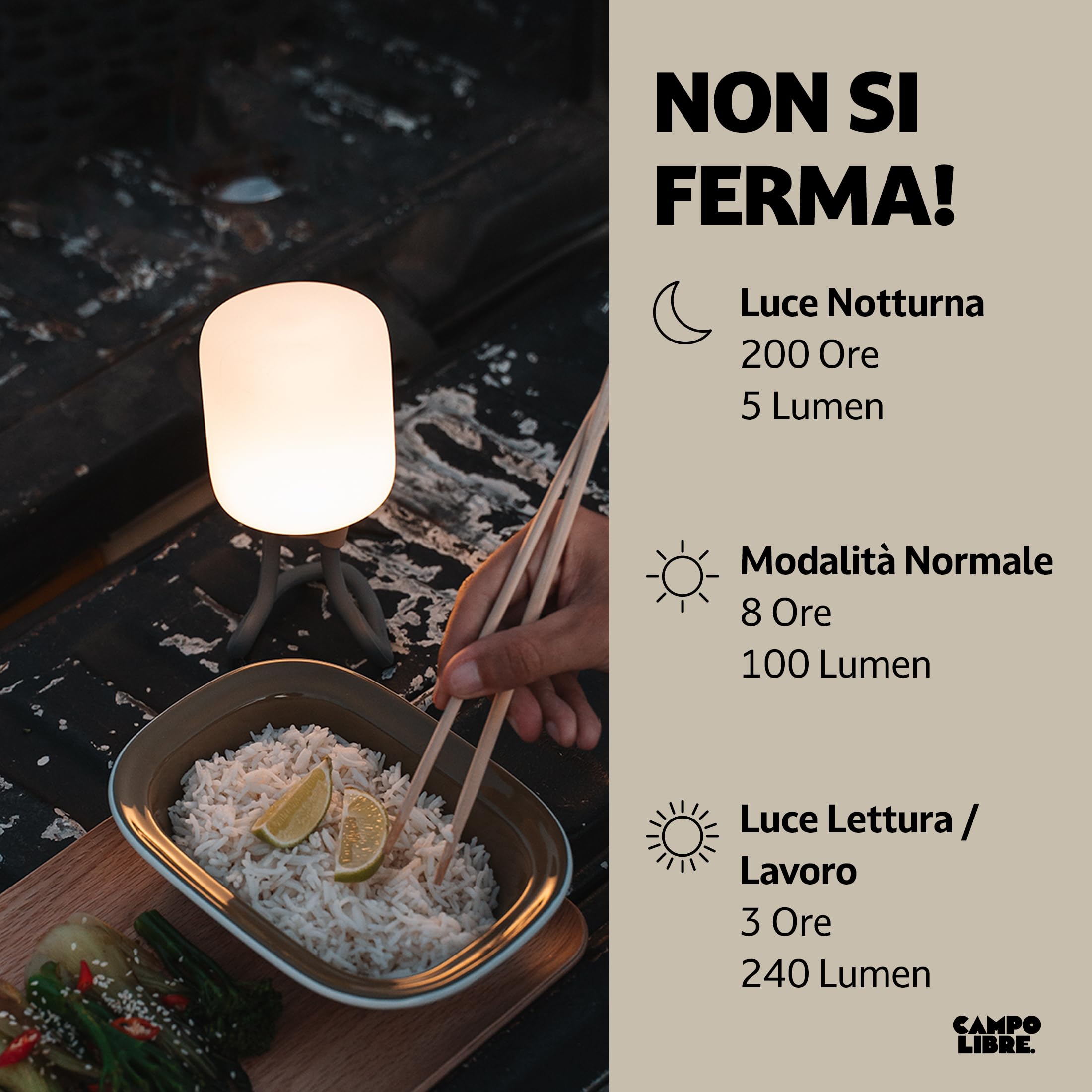 Campo Libre.® LENI Lampada da Campeggio – Luce da Esterno con Manico Flessibile, Lampada da Esterno Dimmerabile, Lanterna IPX4, 200 h di Autonomia, SqueezeShell Infrangibile, USB-C. Rettangolo, Verde