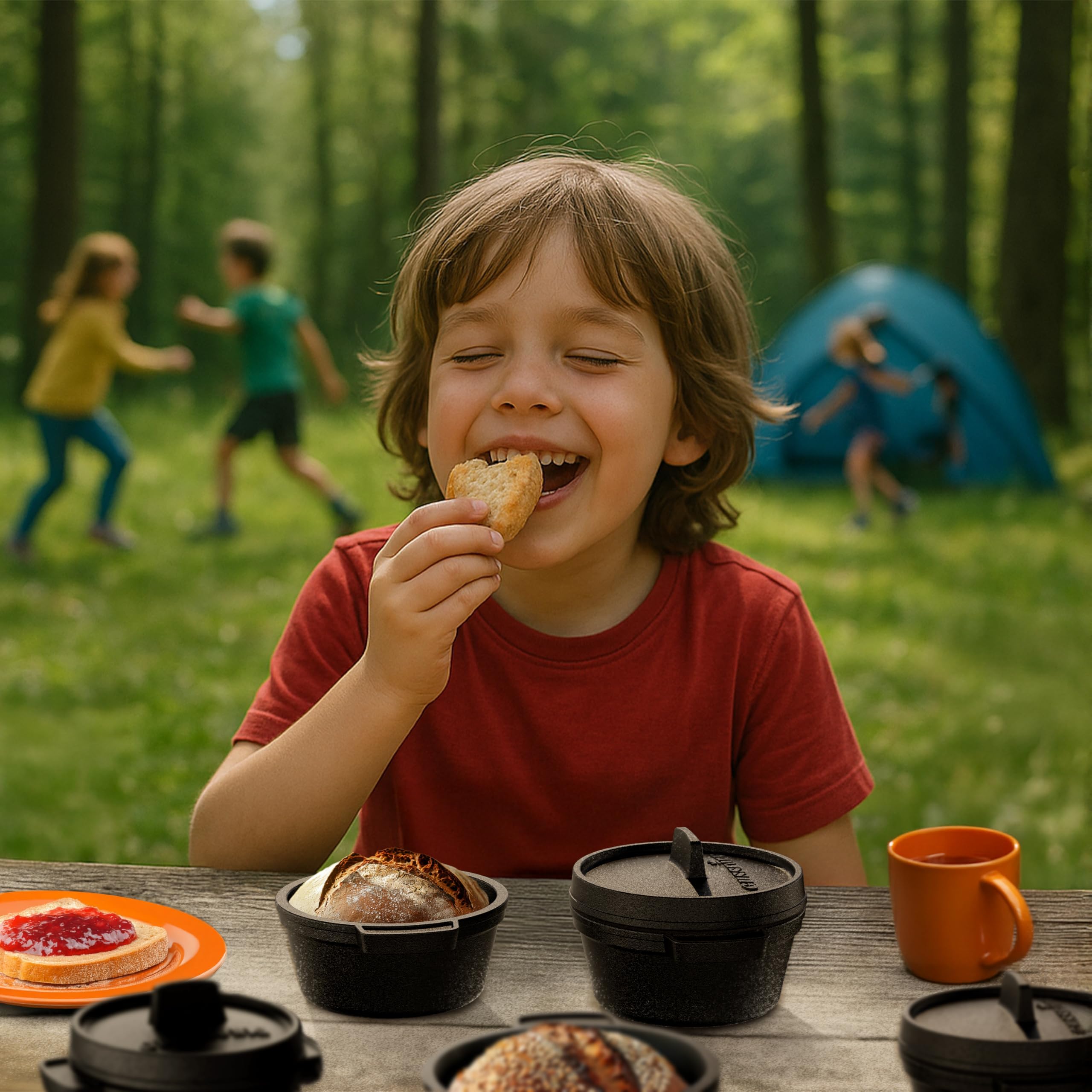 GUSSKÖNIG Mini Gusseisen Brotbackform Set–6x 300 ml Brotbacktopf mit Deckel–eingebrannte Mini Dutch Oven zum Brotbacken–kleine Gusseisentöpfe für Mini-Brote+Rezeptbuch & Pflegepaste–30Jahre Garantie