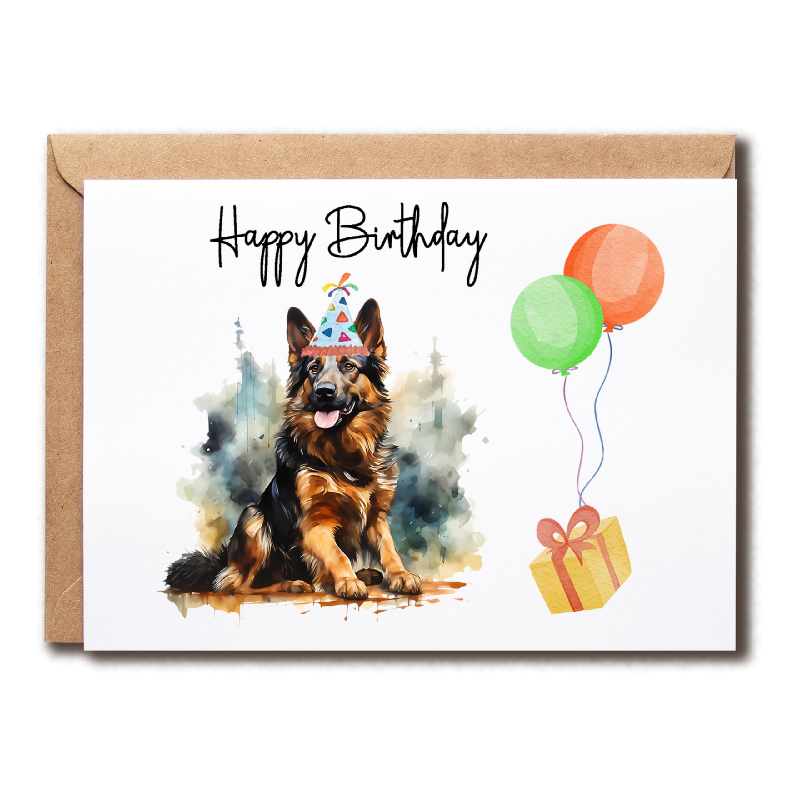 LKSDesigns German Shepherd Bday Card - Cute German Shepherd Dog Card - Dog With Balloons Card - Shepherd Happy Birthday Card - Happy Card