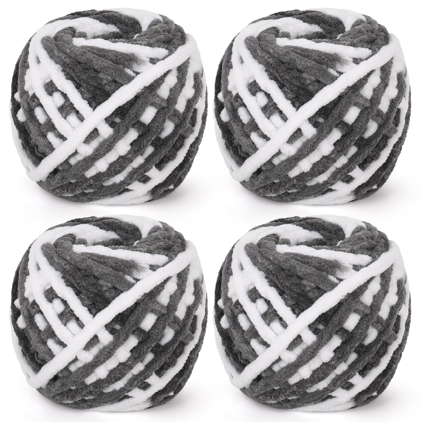 Reessy Chunky Yarn, 400g(4×100g) Chunky Wool for Knitting, Soft Fluffy Velvet Thick Yarn Set, Plush Yarns for Crochet Blankets Sweaters Shoes Hats Scarves and Amigurumi(Grey White)